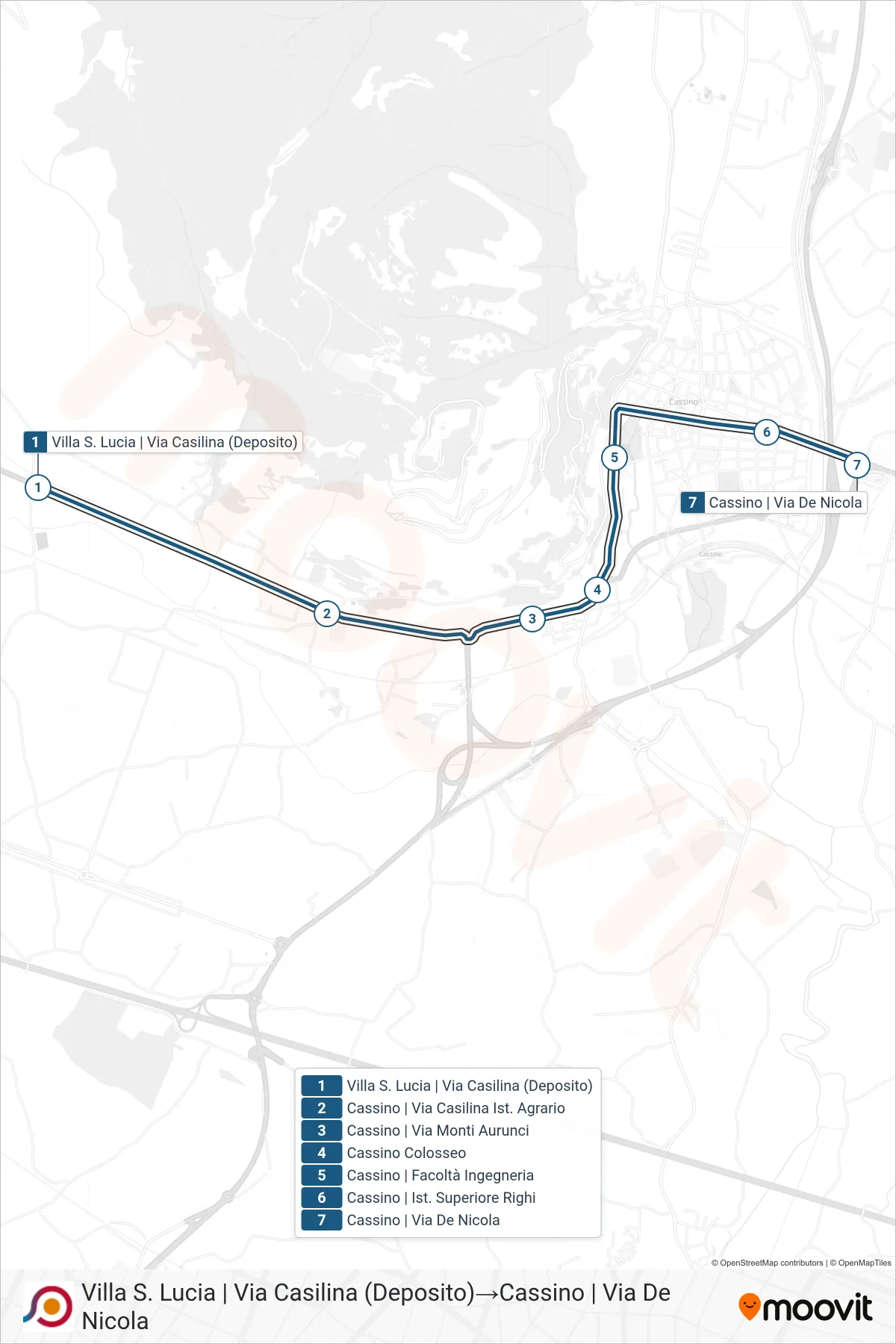 Linea COTRAL bus (Villa S. Lucia | Via Casilina (Deposito)→Cassino | Via De Nicola) - Percorsi e fermate sulla mappa