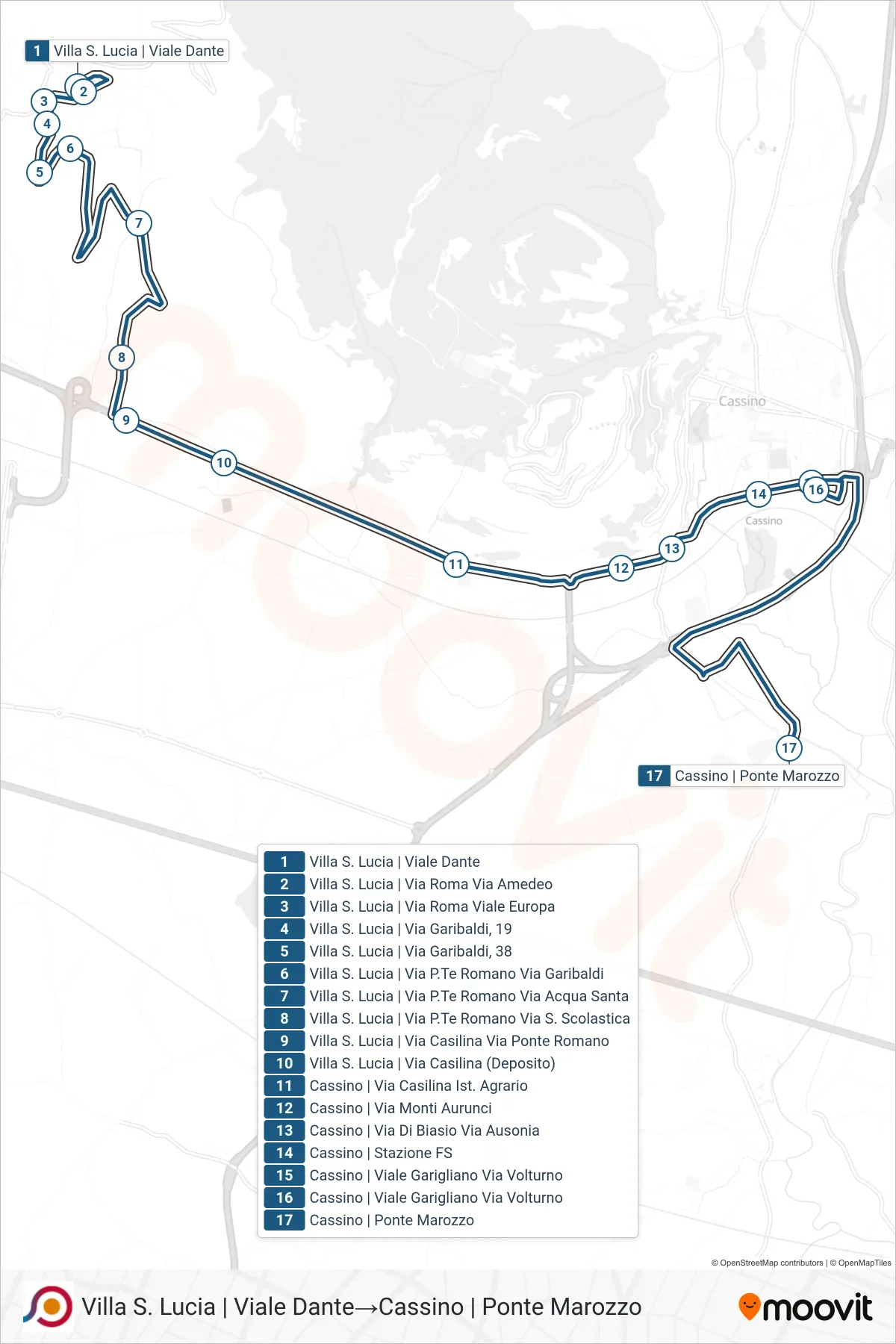 Linea COTRAL bus (Villa S. Lucia | Viale Dante→Cassino | Ponte Marozzo) - Percorsi e fermate sulla mappa