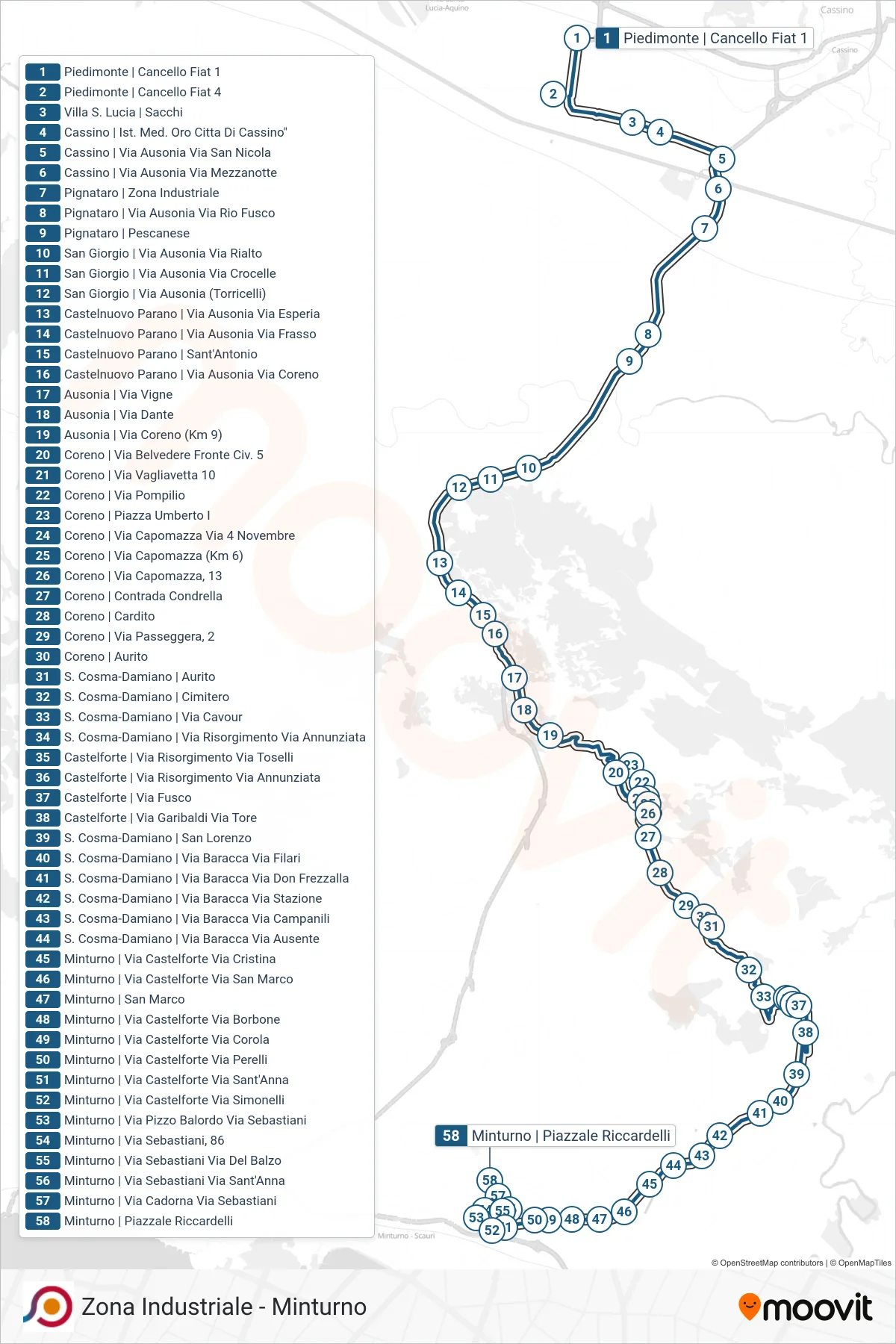 Linea COTRAL bus (Piedimonte | Cancello Fiat 1→Minturno | Piazzale Riccardelli) - Percorsi e fermate sulla mappa