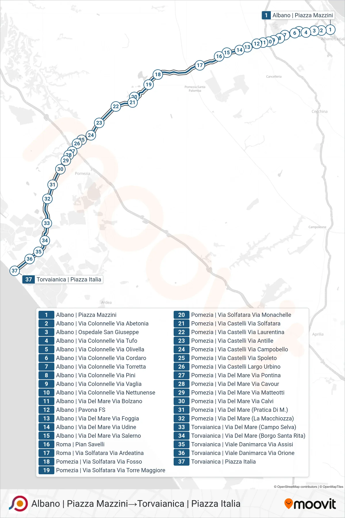 Linea COTRAL bus (Albano | Piazza Mazzini→Torvaianica | Piazza Italia) - Percorsi e fermate sulla mappa