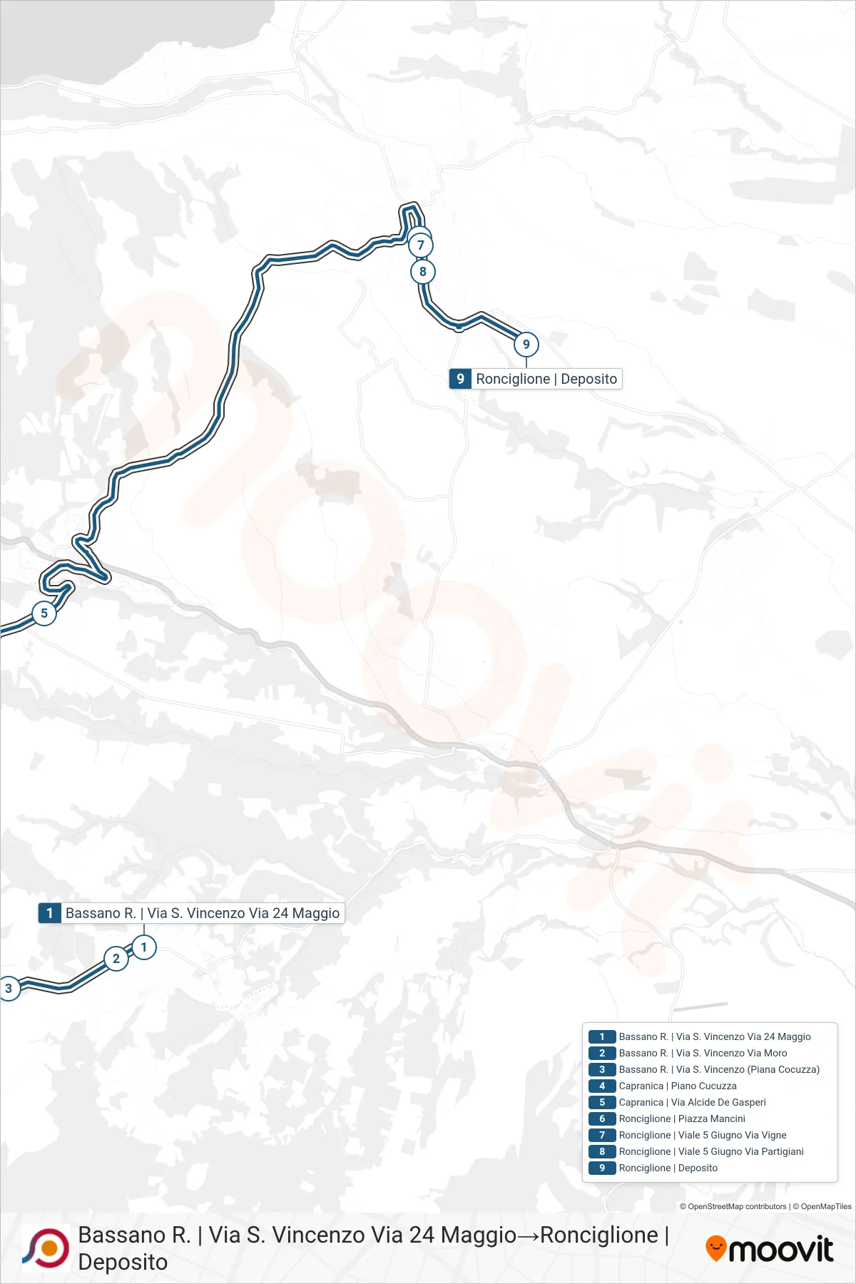 Linea COTRAL bus (Bassano R. | Via S. Vincenzo Via 24 Maggio→Ronciglione | Deposito) - Percorsi e fermate sulla mappa
