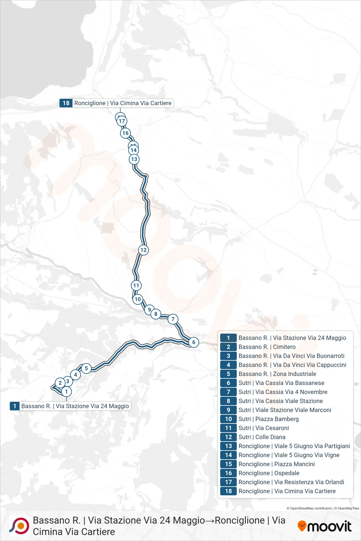 Linea COTRAL bus (Bassano R. | Via Stazione Via 24 Maggio→Ronciglione | Via Cimina Via Cartiere) - Percorsi e fermate sulla mappa
