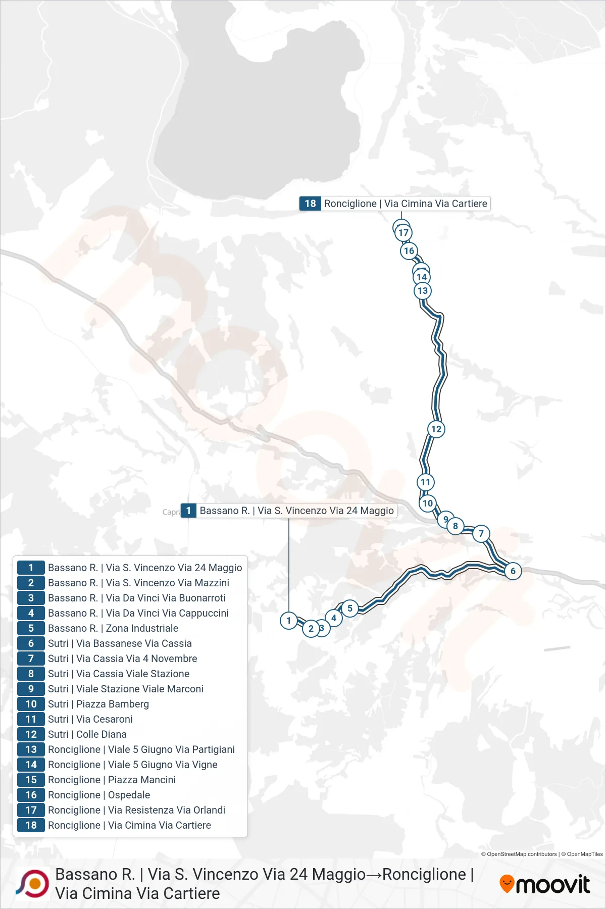 Linea COTRAL  bus (Bassano R. | Via S. Vincenzo Via 24 Maggio‎→Ronciglione | Via Cimina Via Cartiere) - Percorsi e fermate sulla mappa