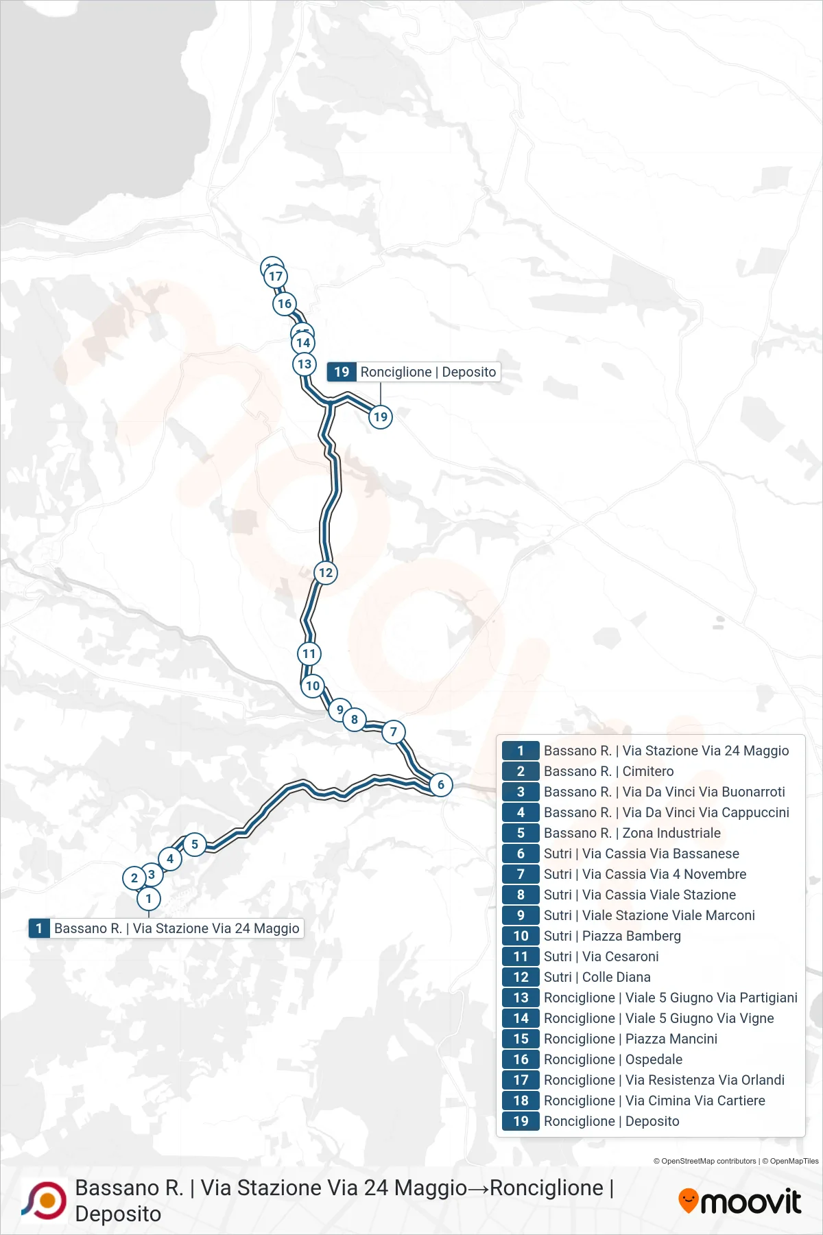 COTRAL bus Line (Bassano R. | Via Stazione Via 24 Maggio‎→Ronciglione | Depot) route and stops on a map