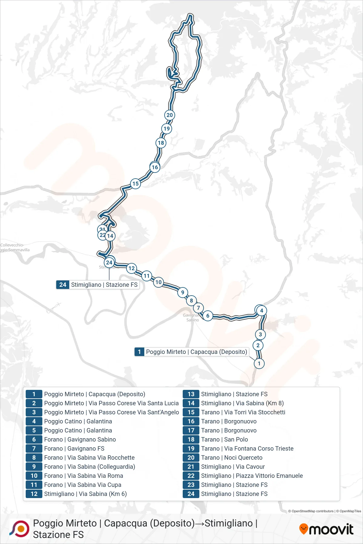 Linea COTRAL bus (Poggio Mirteto | Capacqua (Deposito)→Stimigliano | Stazione FS) - Percorsi e fermate sulla mappa
