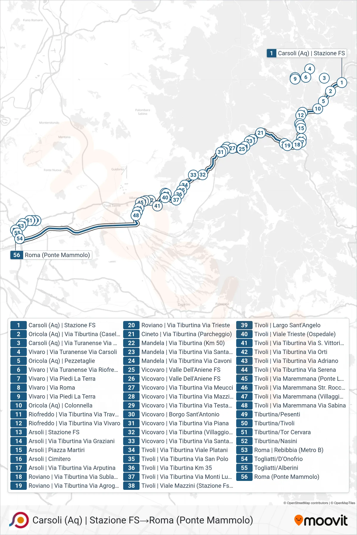 Linea COTRAL bus (Carsoli (Aq) | Stazione FS→Roma (Ponte Mammolo)) - Percorsi e fermate sulla mappa