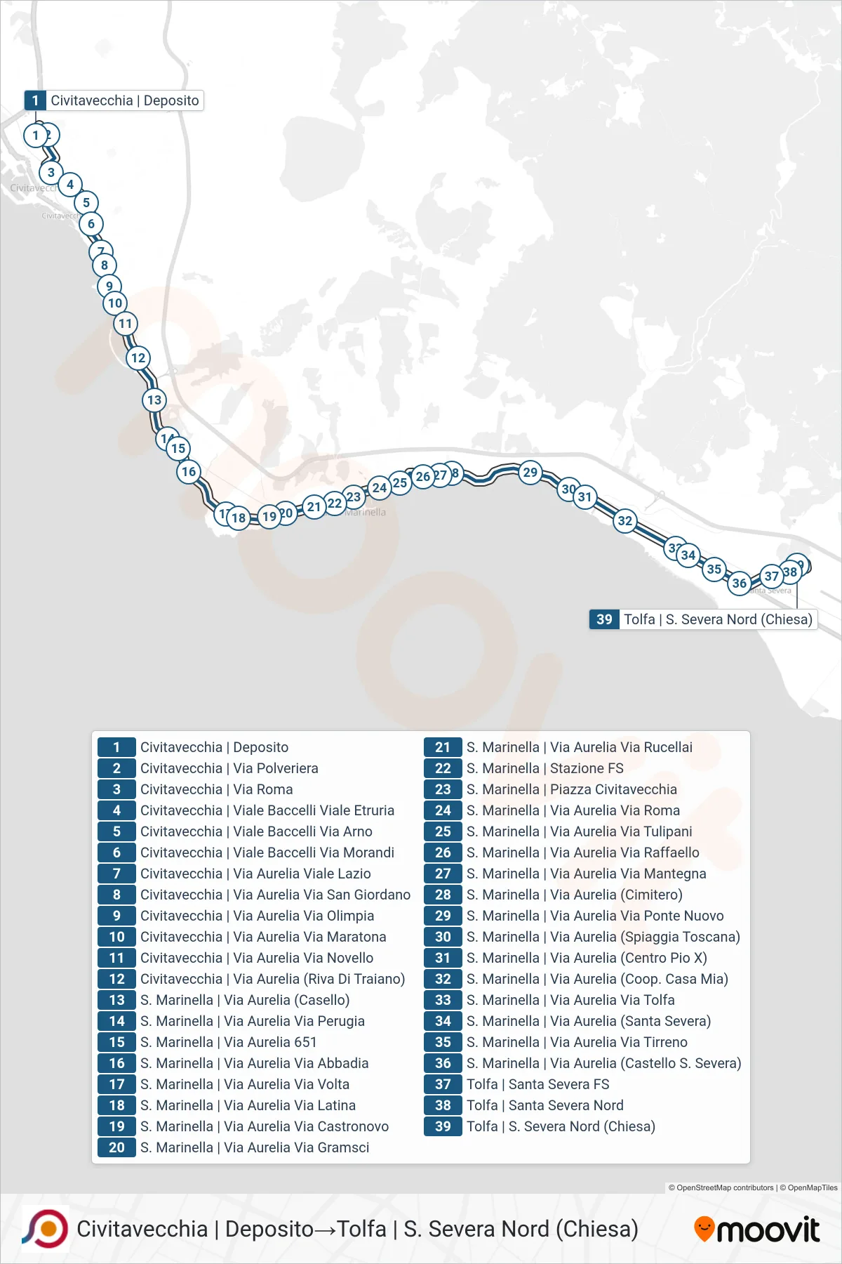 Linea COTRAL bus (Civitavecchia | Deposito→Tolfa | S. Severa Nord (Chiesa)) - Percorsi e fermate sulla mappa