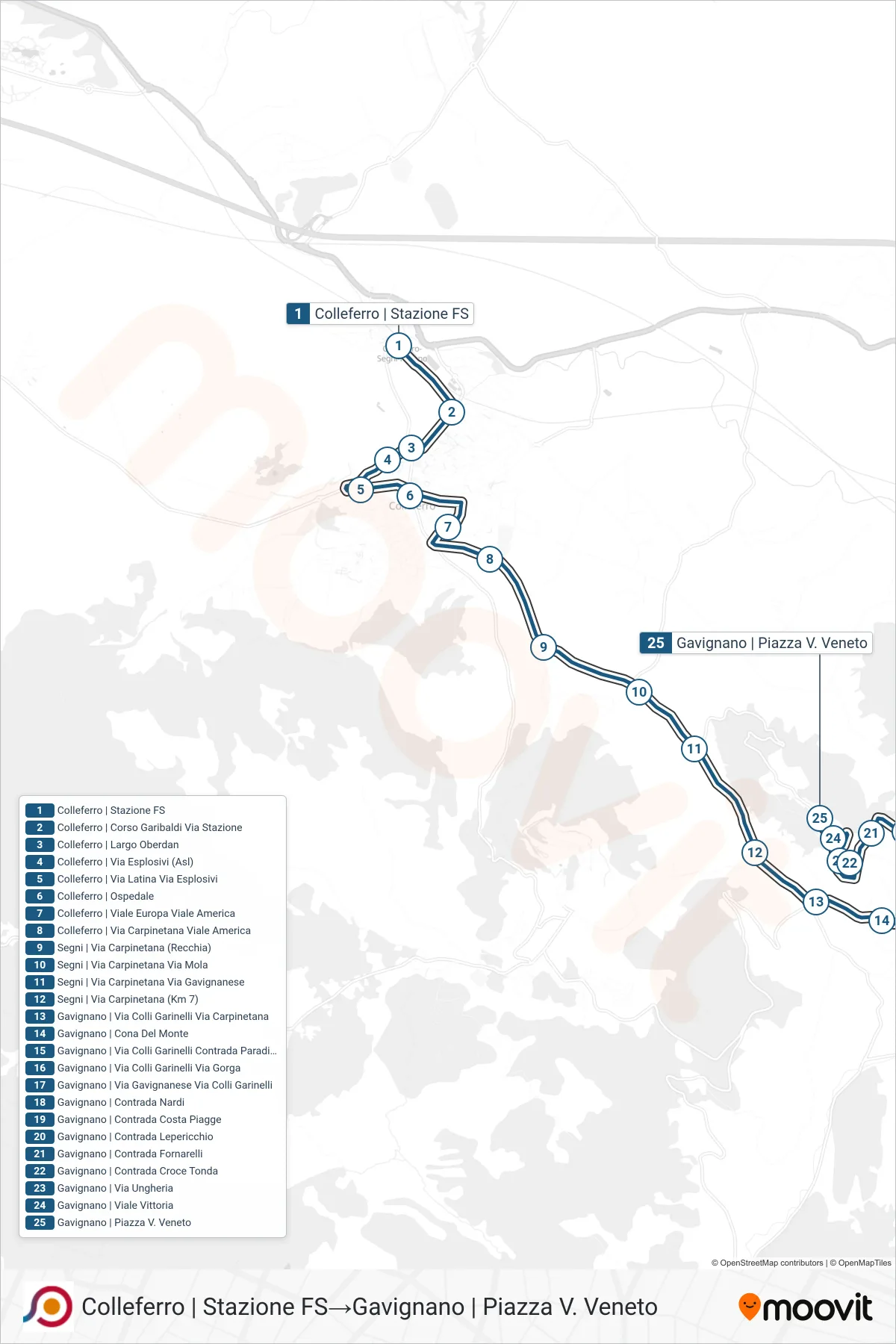 COTRAL bus Line (Colleferro | Railway Station→Gavignano | Vittorio Veneto Square) route and stops on a map