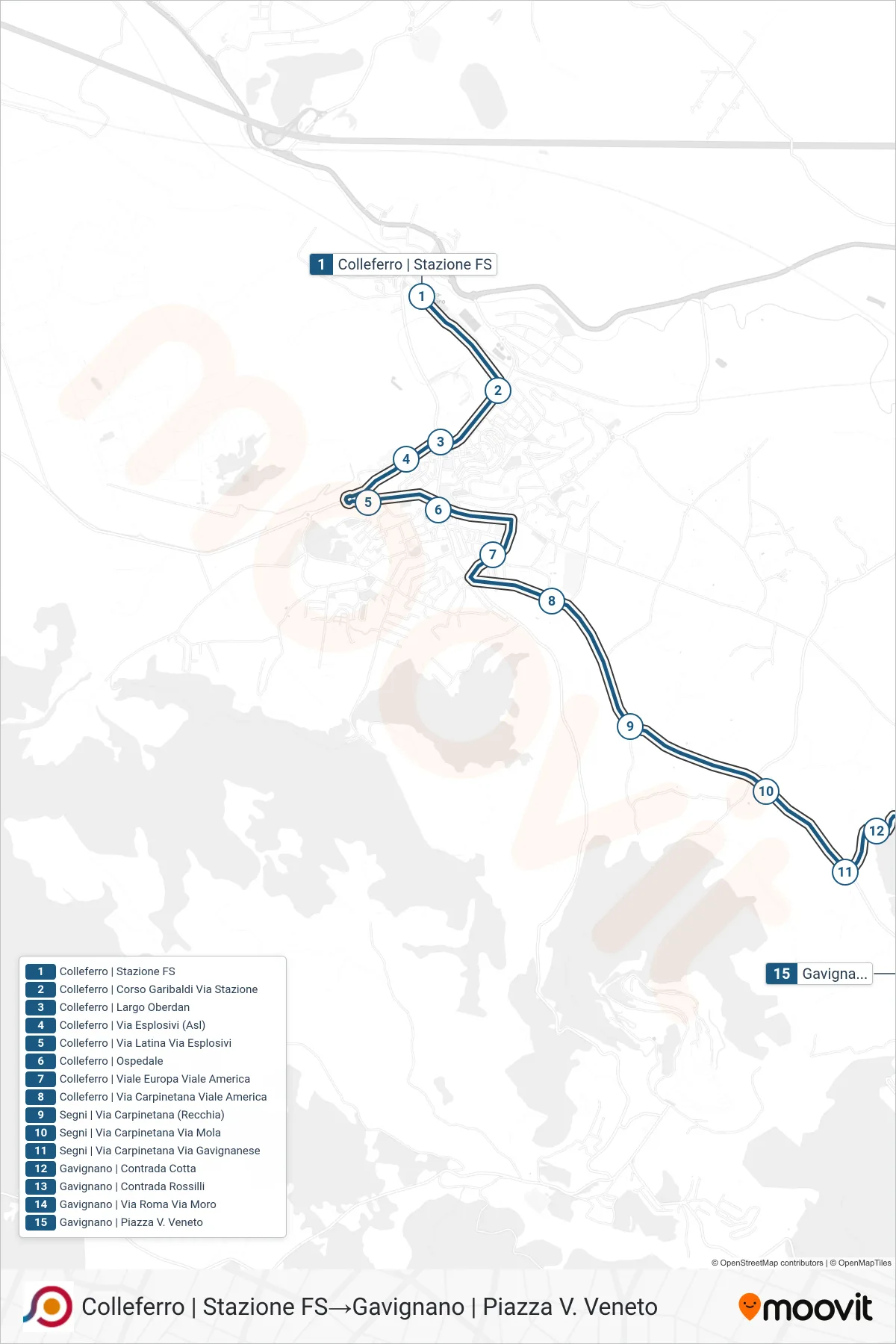 COTRAL bus Line (Colleferro | Railway Station→Gavignano | Vittorio Veneto Square) route and stops on a map