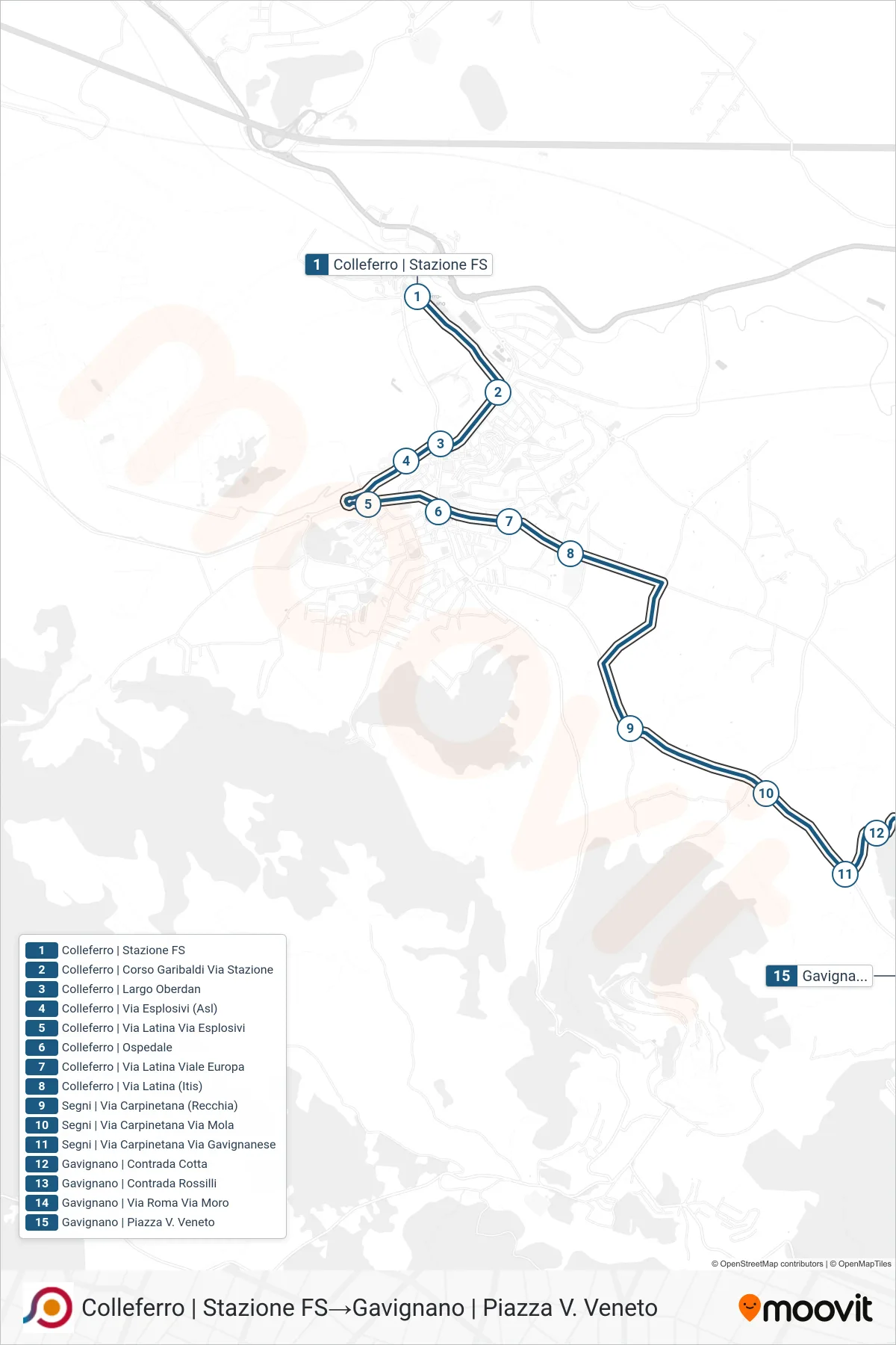 Linea COTRAL bus (Colleferro | Stazione FS→Gavignano | Piazza V. Veneto) - Percorsi e fermate sulla mappa