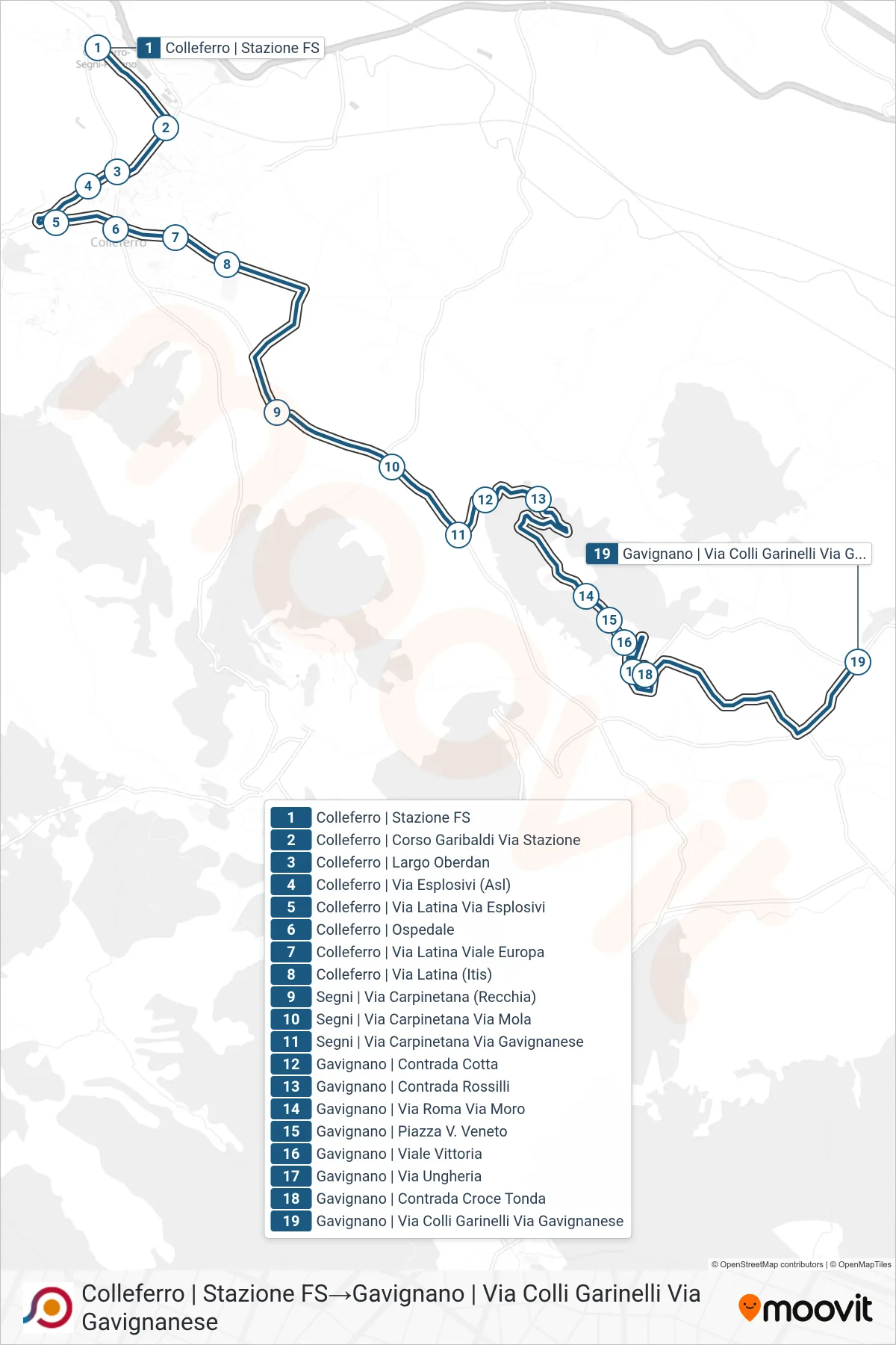 COTRAL bus Line (Colleferro | Railway Station→Gavignano Via Colli Garinelli Via Gavignanese) route and stops on a map