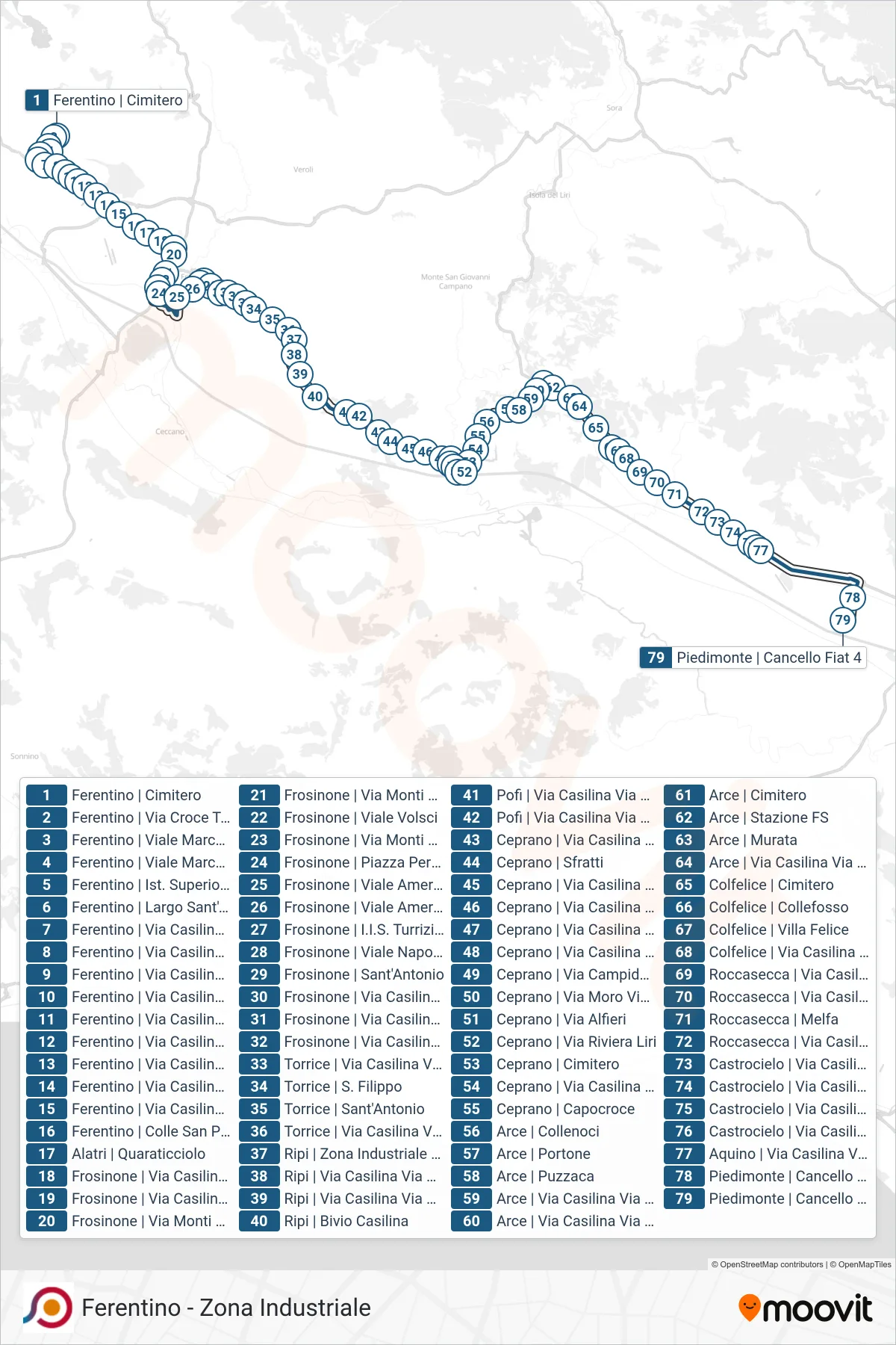 Linea COTRAL bus (Ferentino | Cimitero→Piedimonte | Cancello Fiat 4) - Percorsi e fermate sulla mappa