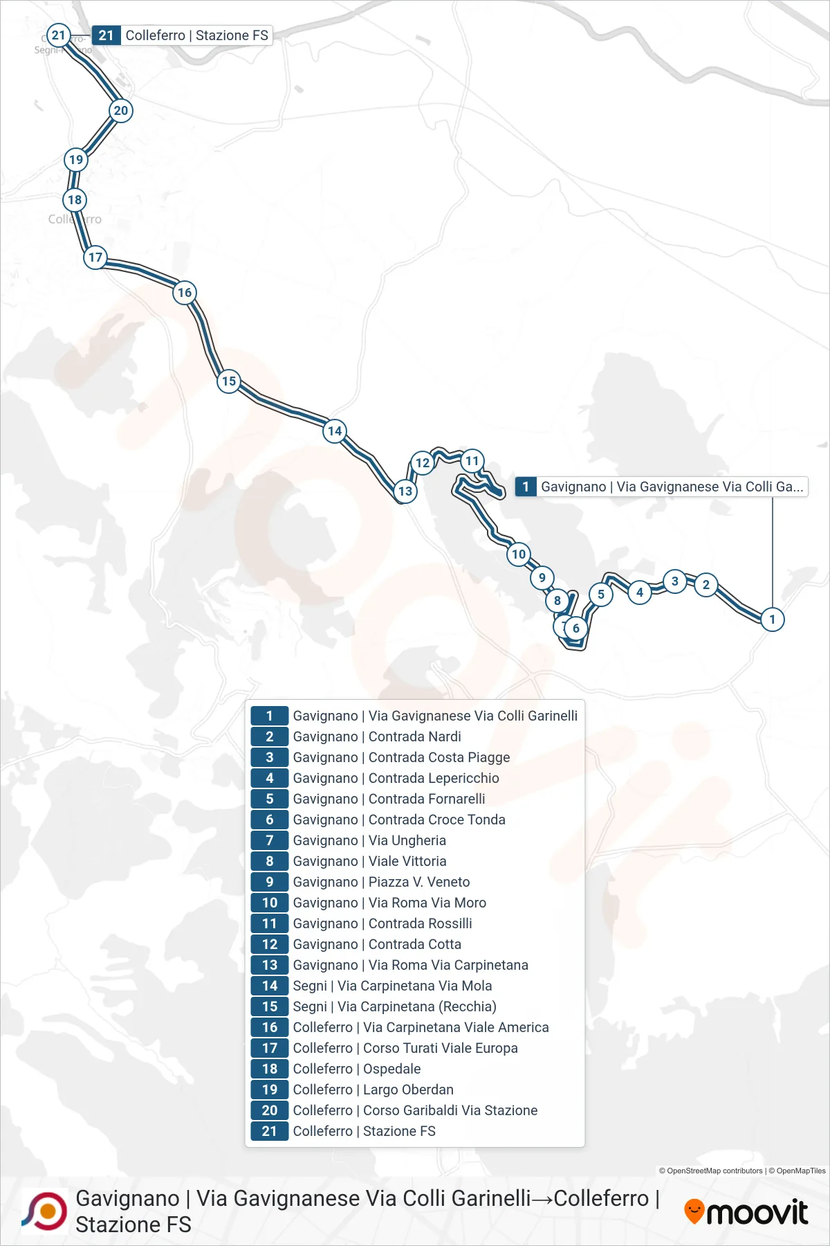 Linea COTRAL bus (Gavignano | Via Gavignanese Via Colli Garinelli→Colleferro | Stazione FS) - Percorsi e fermate sulla mappa
