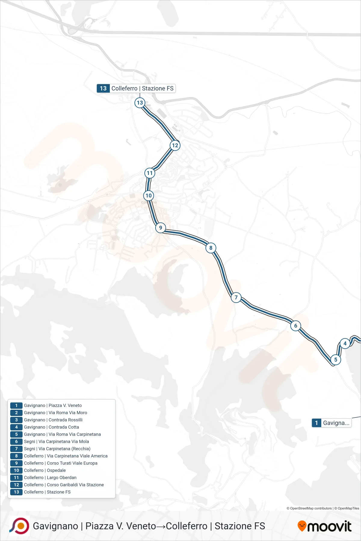 Linea COTRAL bus (Gavignano | Piazza V. Veneto→Colleferro | Stazione FS) - Percorsi e fermate sulla mappa