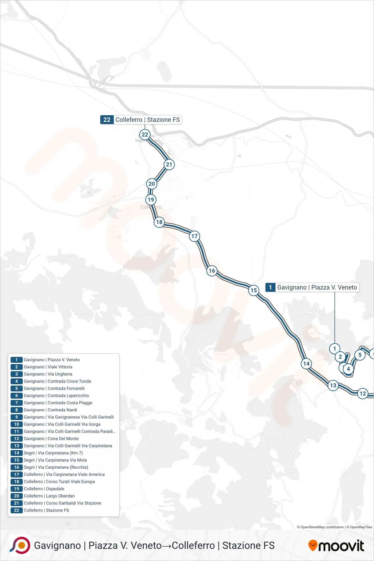 Linea COTRAL bus (Gavignano | Piazza V. Veneto→Colleferro | Stazione FS) - Percorsi e fermate sulla mappa