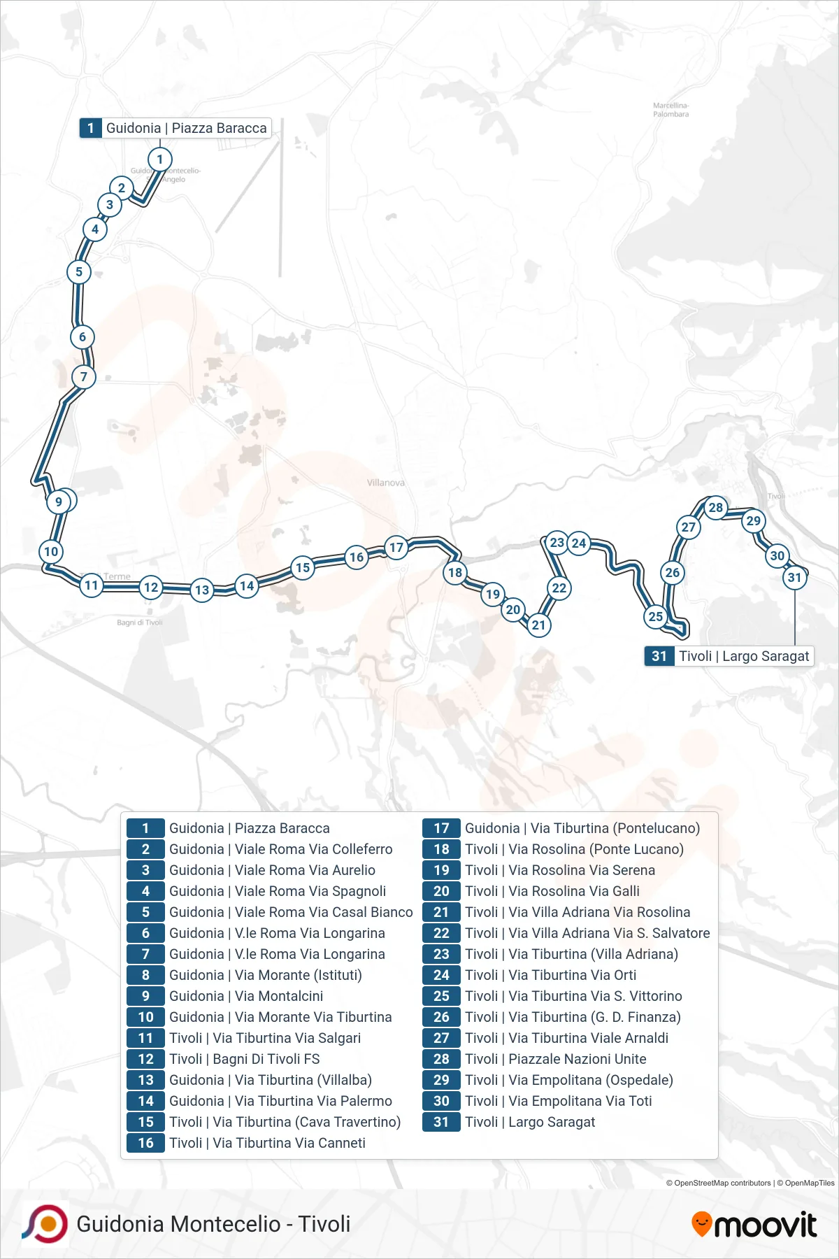Linea COTRAL bus (Guidonia | Viale Unione (Stazione Fs)→Tivoli | Largo Saragat) - Percorsi e fermate sulla mappa