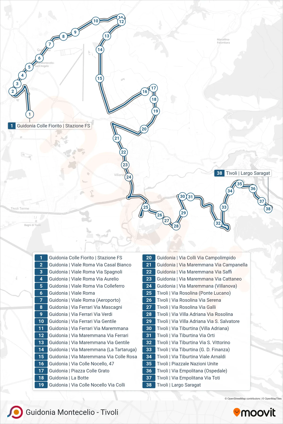 Linea COTRAL bus (Guidonia Colle Fiorito | Stazione FS→Tivoli | Largo Saragat) - Percorsi e fermate sulla mappa