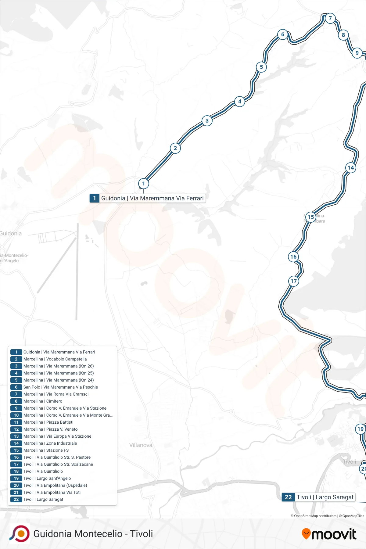 Linea COTRAL bus (Guidonia | Via Maremmana Via Ferrari→Tivoli | Largo Saragat) - Percorsi e fermate sulla mappa