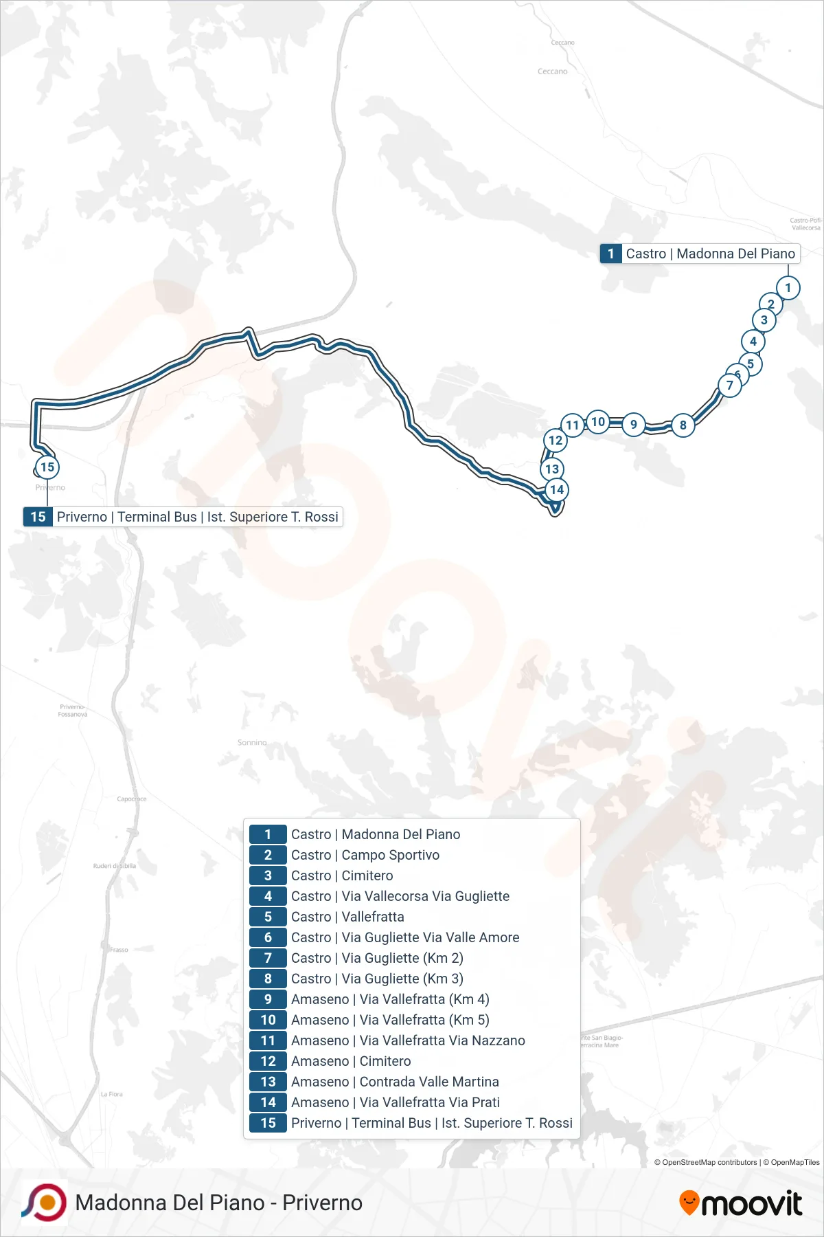 Linea COTRAL bus (Castro | Madonna Del Piano→Priverno | Terminal Bus | Ist. Superiore T. Rossi) - Percorsi e fermate sulla mappa
