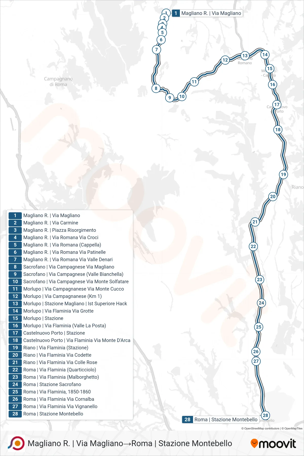 Linea COTRAL bus (Magliano R. | Via Magliano→Roma | Stazione Montebello) - Percorsi e fermate sulla mappa