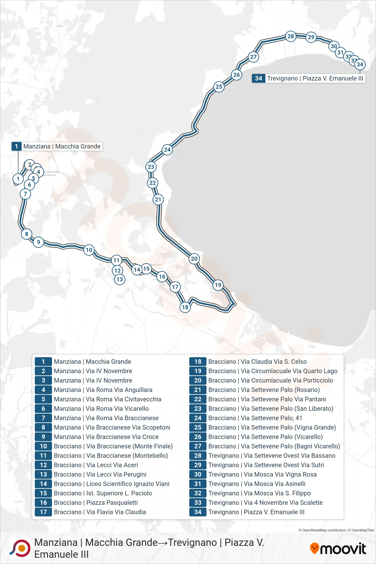 Linea COTRAL bus (Manziana | Macchia Grande→Trevignano | Piazza V. Emanuele III) - Percorsi e fermate sulla mappa