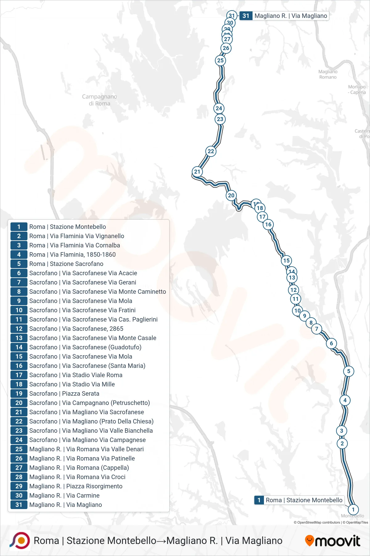 Linea COTRAL bus (Roma | Stazione Montebello→Magliano R. | Via Magliano) - Percorsi e fermate sulla mappa