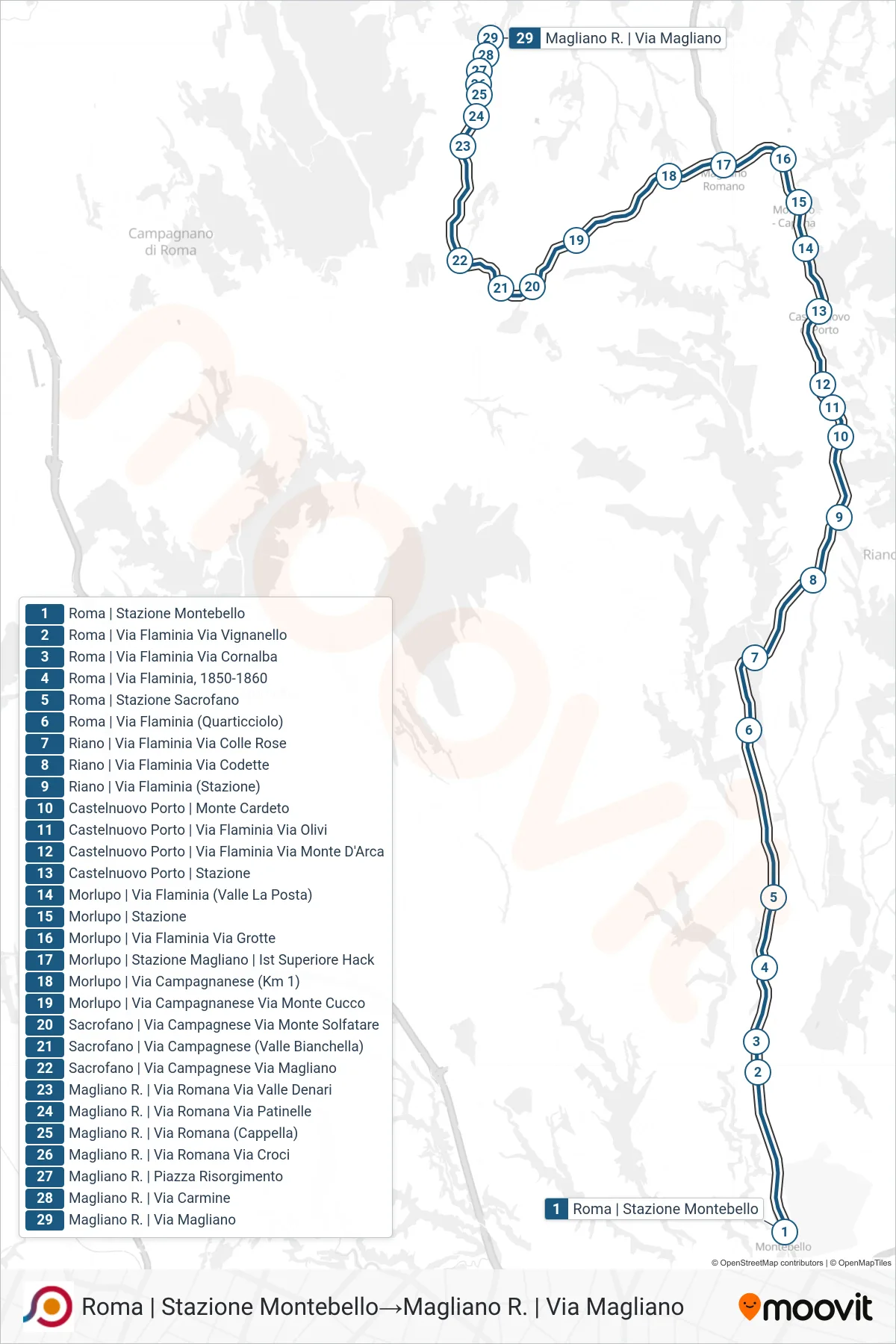 Linea COTRAL bus (Roma | Stazione Montebello→Magliano R. | Via Magliano) - Percorsi e fermate sulla mappa