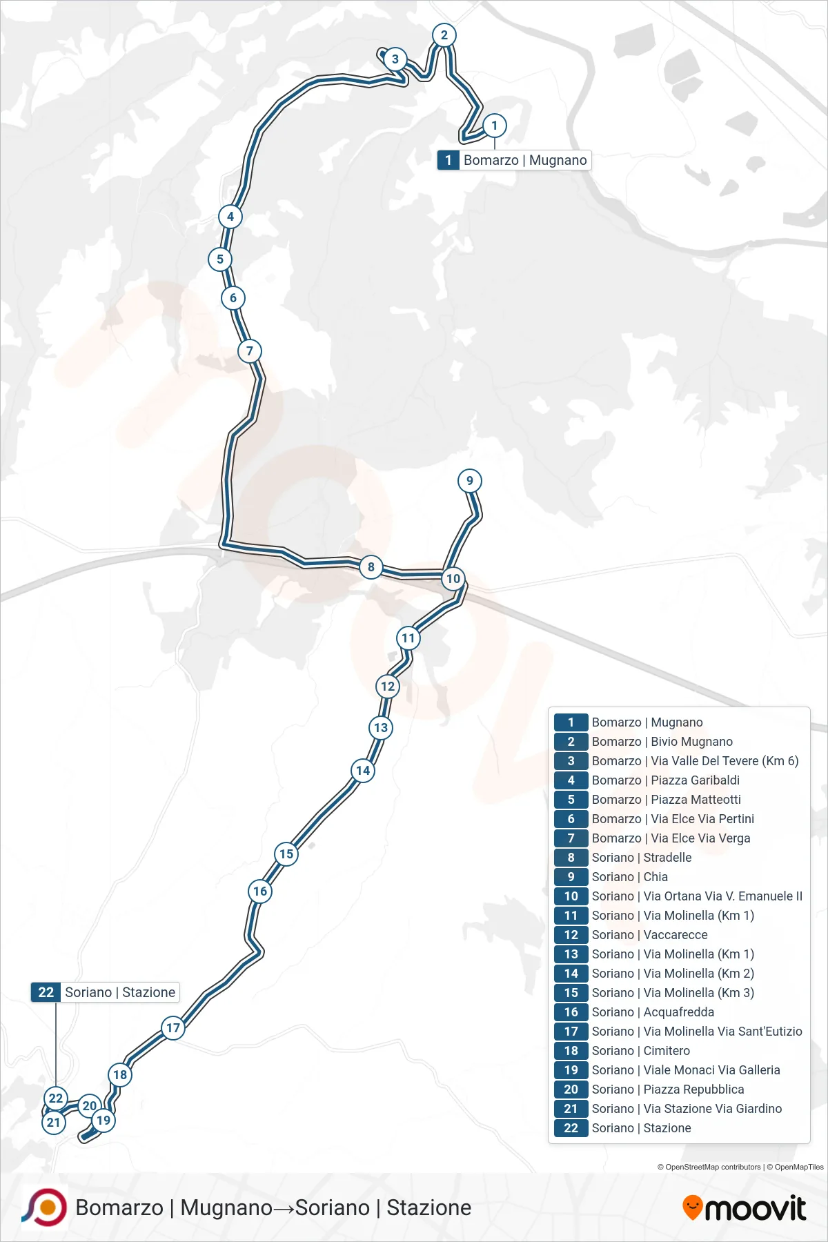 Linea COTRAL bus (Bomarzo | Mugnano→Soriano | Stazione) - Percorsi e fermate sulla mappa