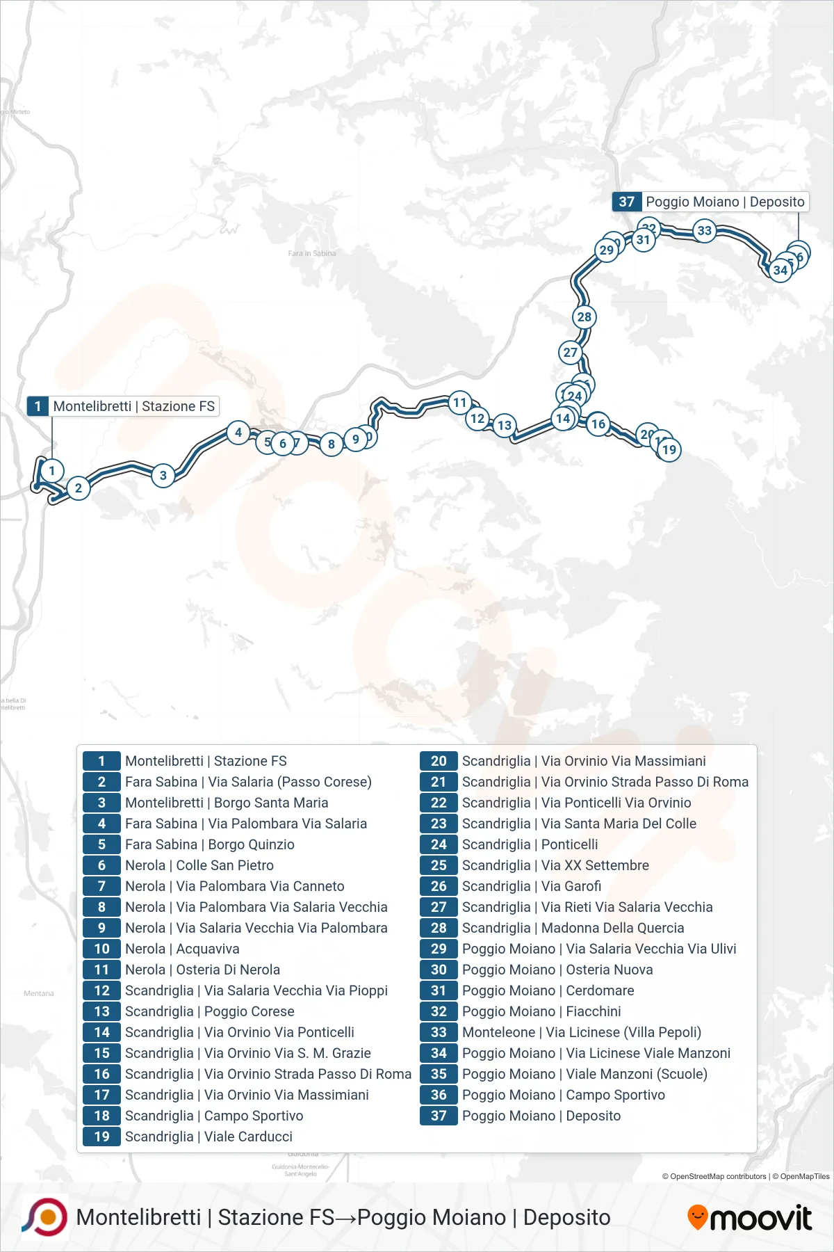Linea COTRAL bus (Montelibretti | Stazione FS→Poggio Moiano | Deposito) - Percorsi e fermate sulla mappa