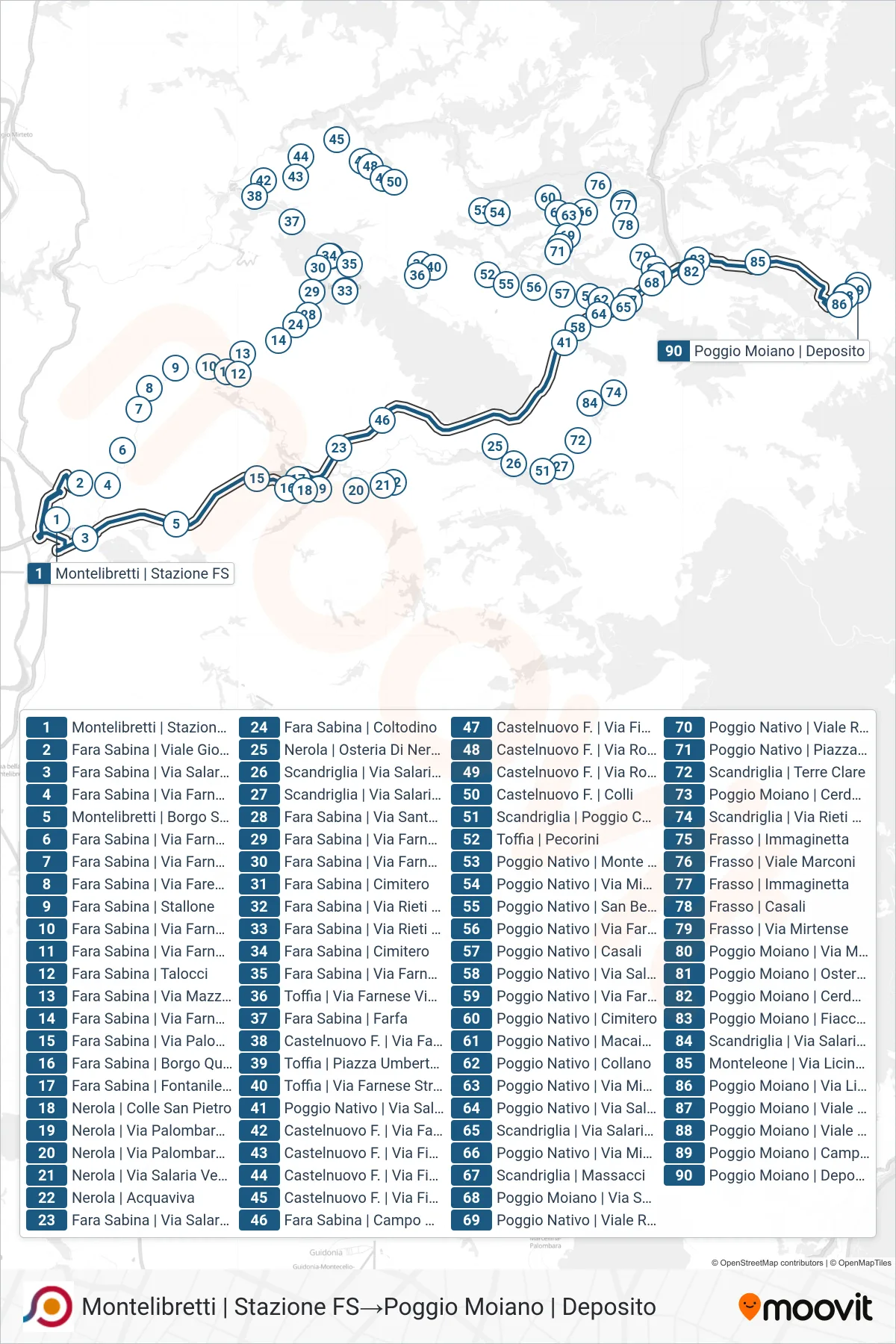 Linea COTRAL bus (Montelibretti | Stazione FS→Poggio Moiano | Deposito) - Percorsi e fermate sulla mappa