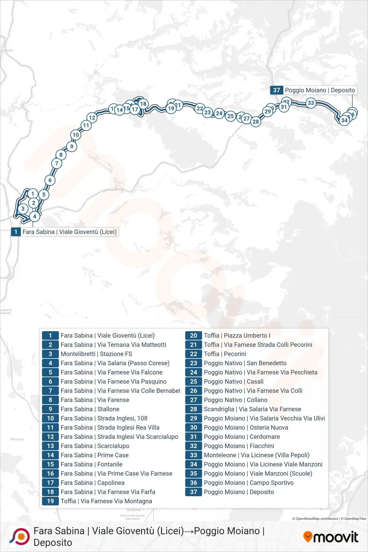 Linea COTRAL bus (Fara Sabina | Viale Gioventù (Licei)→Poggio Moiano | Deposito) - Percorsi e fermate sulla mappa