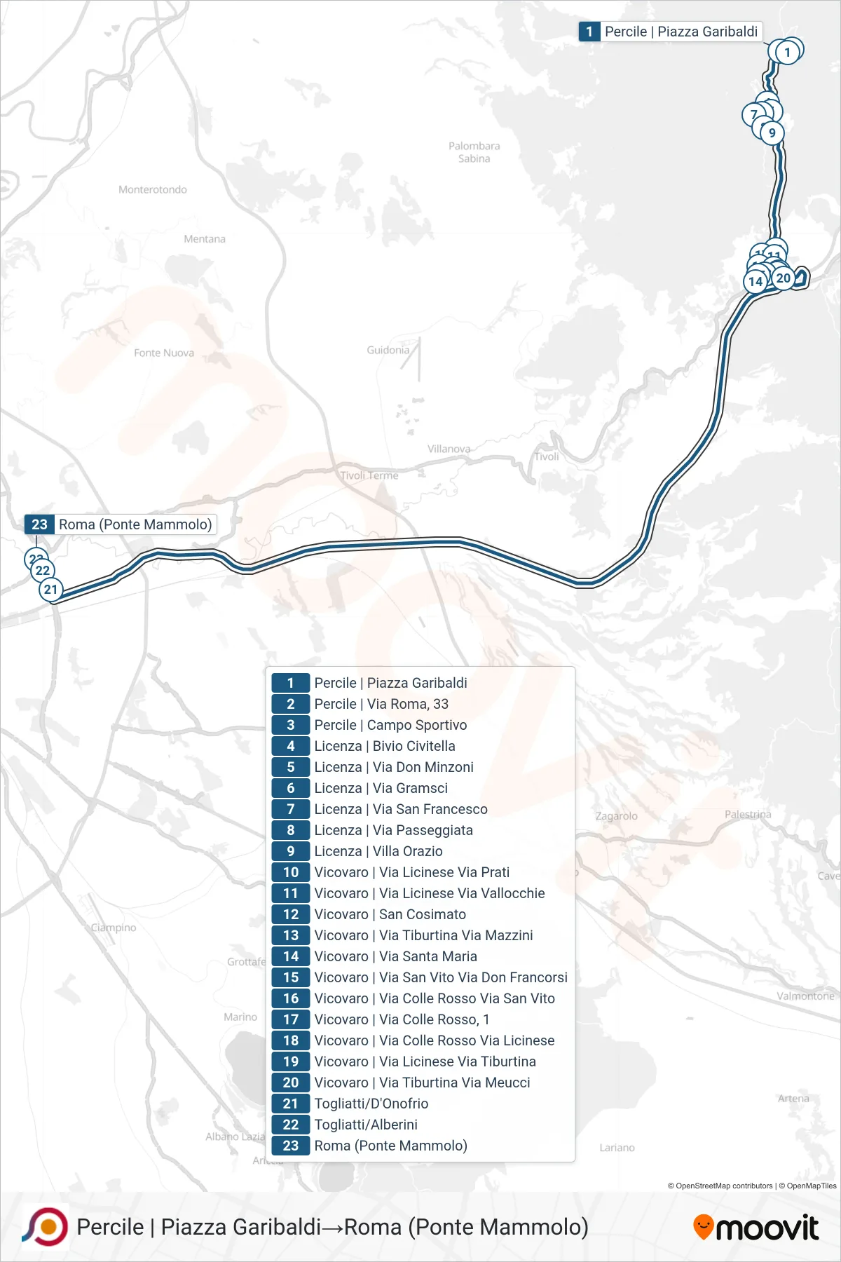 Linea COTRAL bus (Percile | Piazza Garibaldi→Roma (Ponte Mammolo)) - Percorsi e fermate sulla mappa