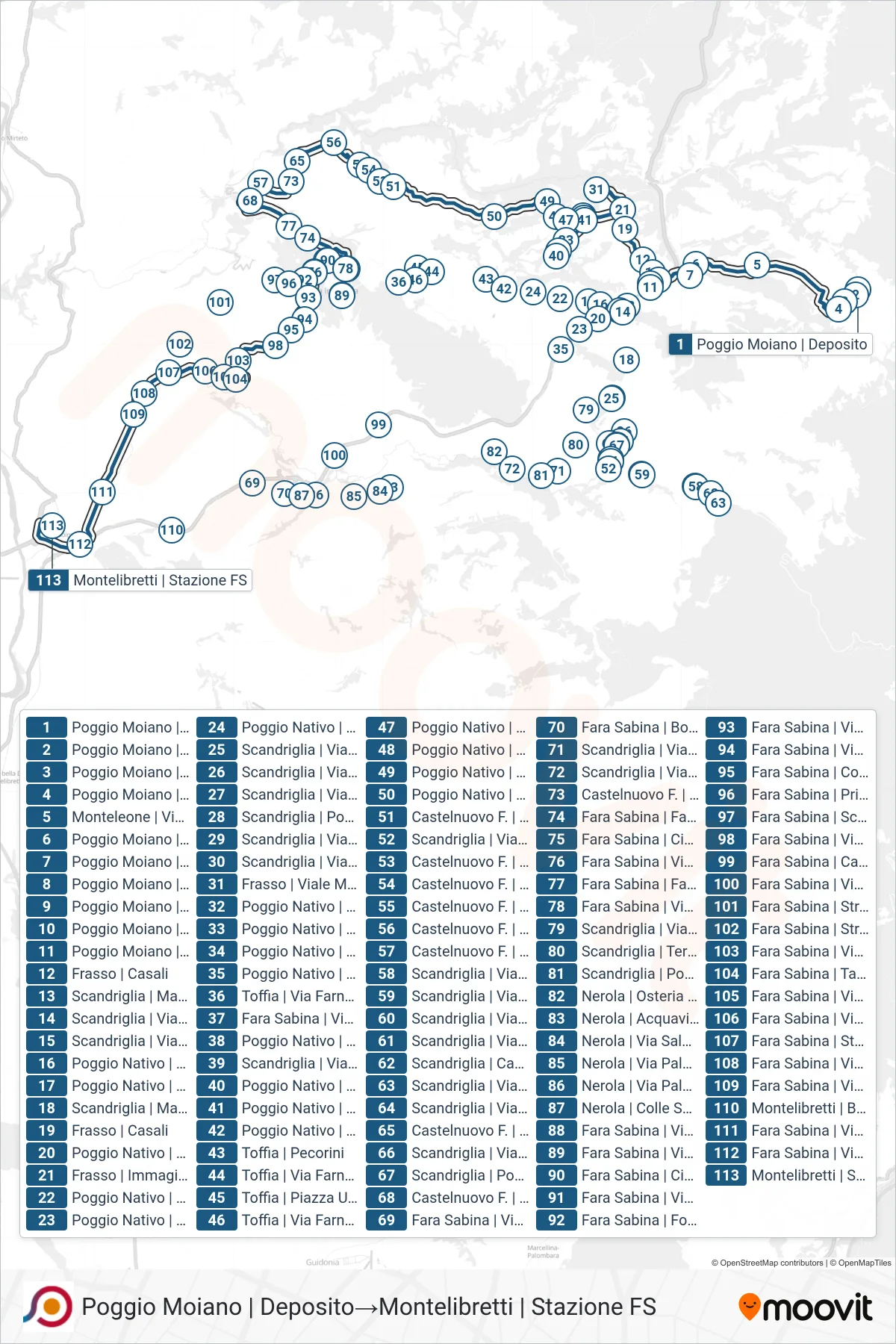 Linea COTRAL bus (Poggio Moiano | Deposito→Montelibretti | Stazione FS) - Percorsi e fermate sulla mappa