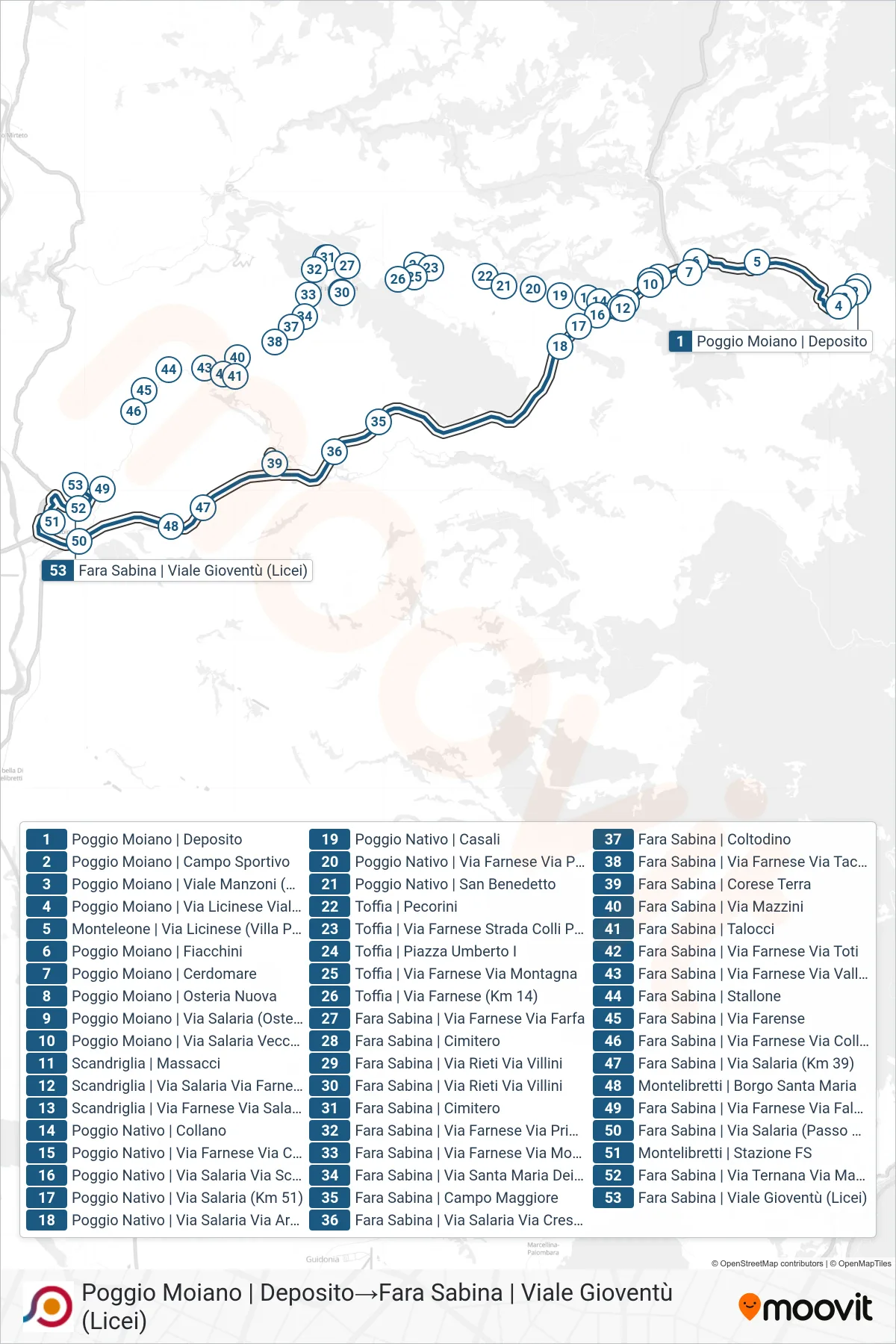 Linea COTRAL bus (Poggio Moiano | Deposito→Fara Sabina | Viale Gioventù (Licei)) - Percorsi e fermate sulla mappa