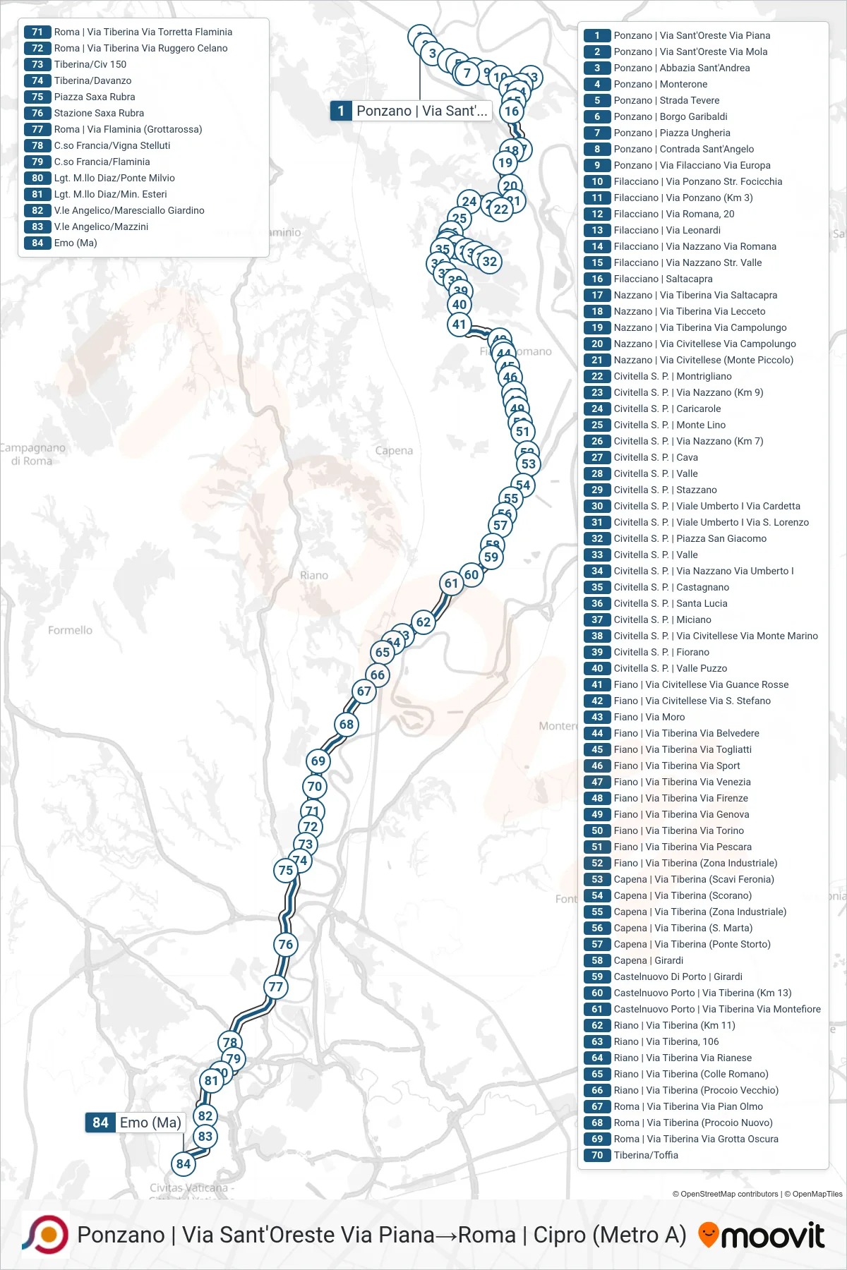 Linea COTRAL bus (Ponzano | Via Sant'Oreste Via Piana→Roma | Cipro (Metro A)) - Percorsi e fermate sulla mappa