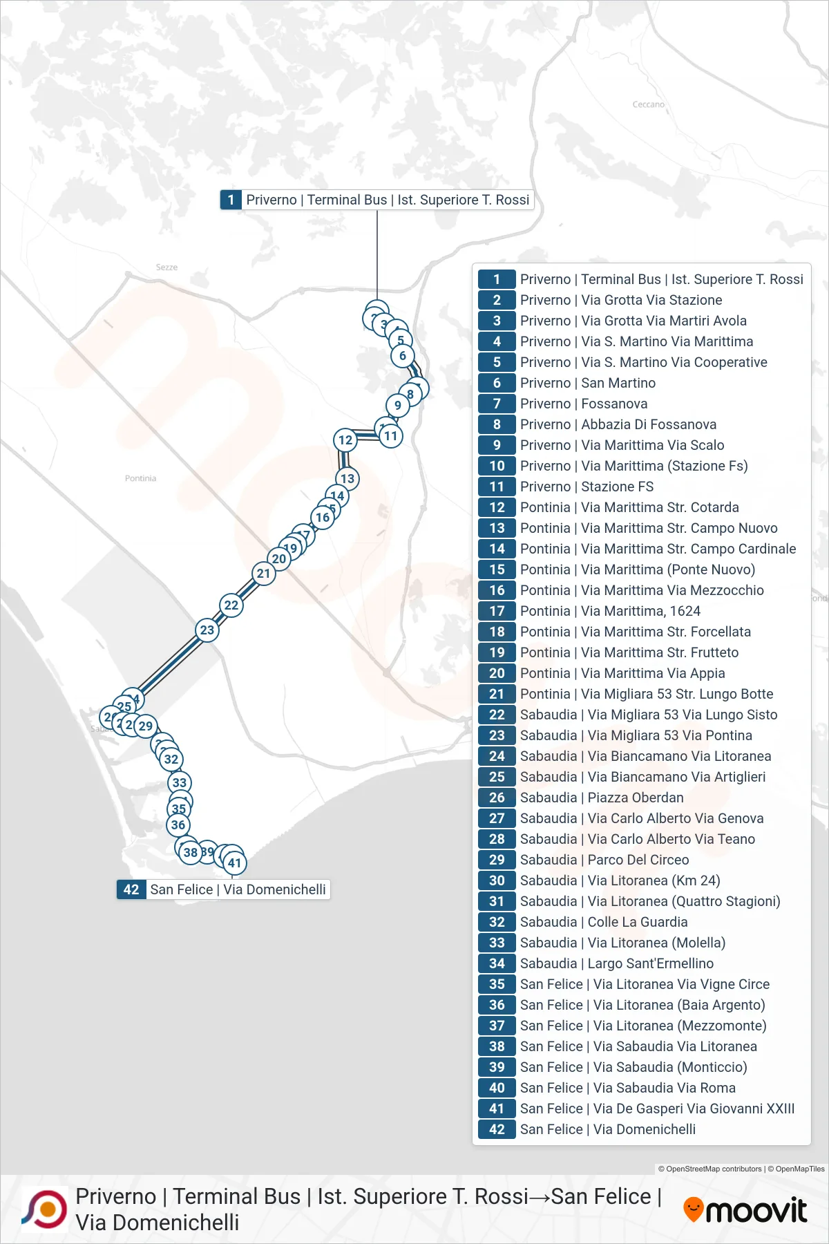 Linea COTRAL bus (Priverno | Terminal Bus | Ist. Superiore T. Rossi→San Felice | Via Domenichelli) - Percorsi e fermate sulla mappa