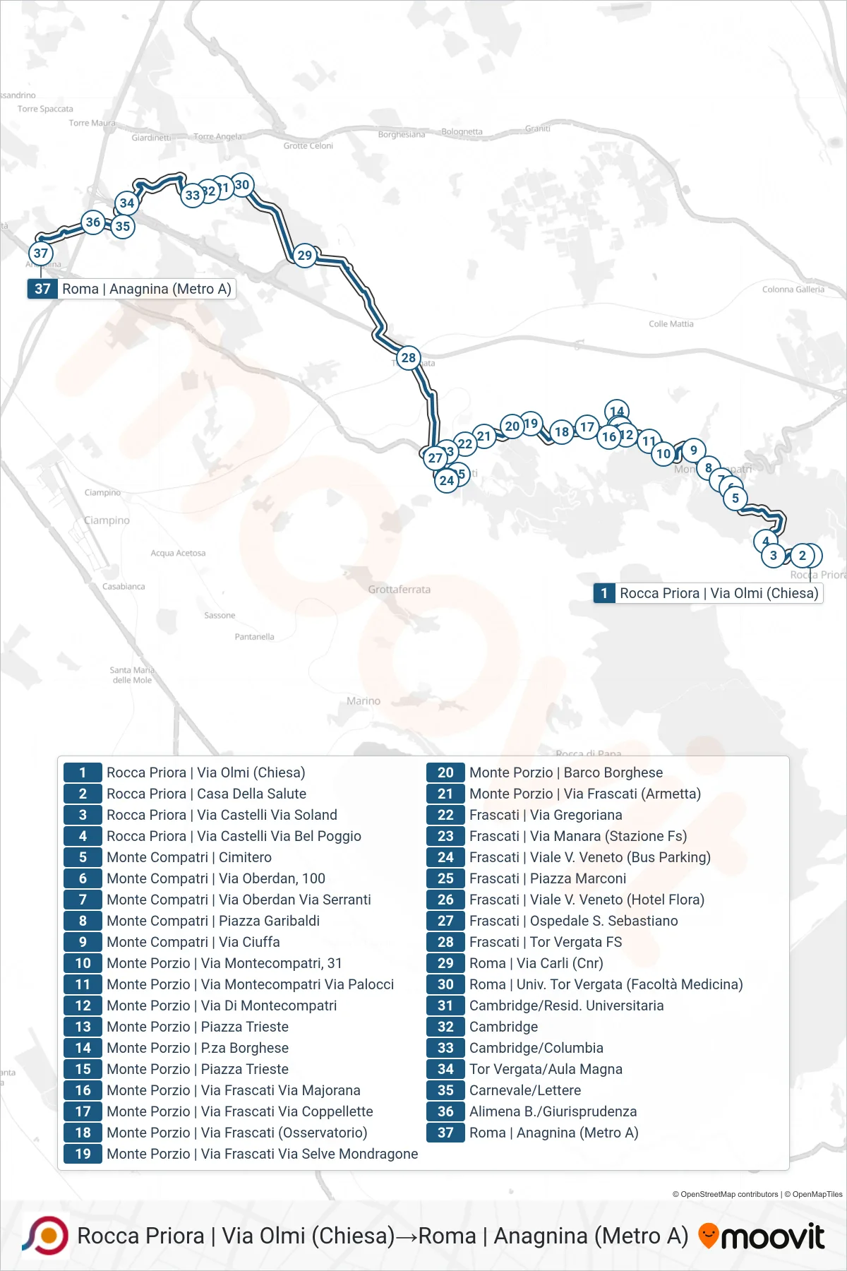 Linea COTRAL bus (Rocca Priora | Via Olmi (Chiesa)→Roma | Anagnina (Metro A)) - Percorsi e fermate sulla mappa