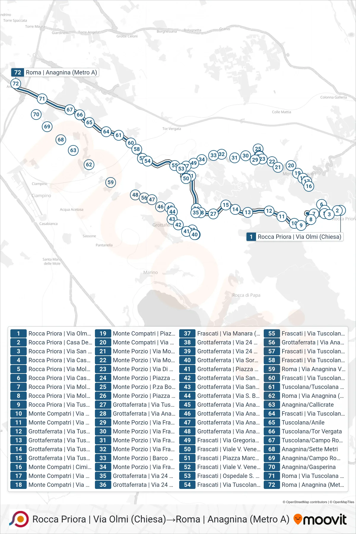 Linea COTRAL bus (Rocca Priora | Via Olmi (Chiesa)→Roma | Anagnina (Metro A)) - Percorsi e fermate sulla mappa