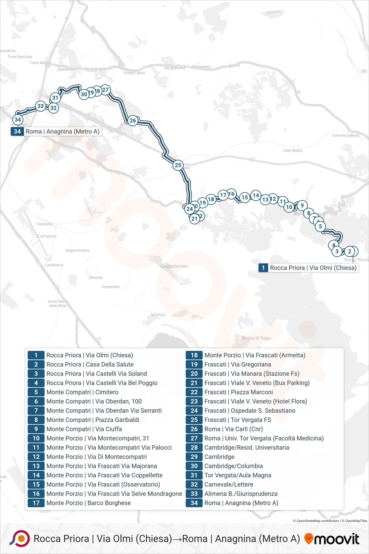 Linea COTRAL bus (Rocca Priora | Via Olmi (Chiesa)→Roma | Anagnina (Metro A)) - Percorsi e fermate sulla mappa