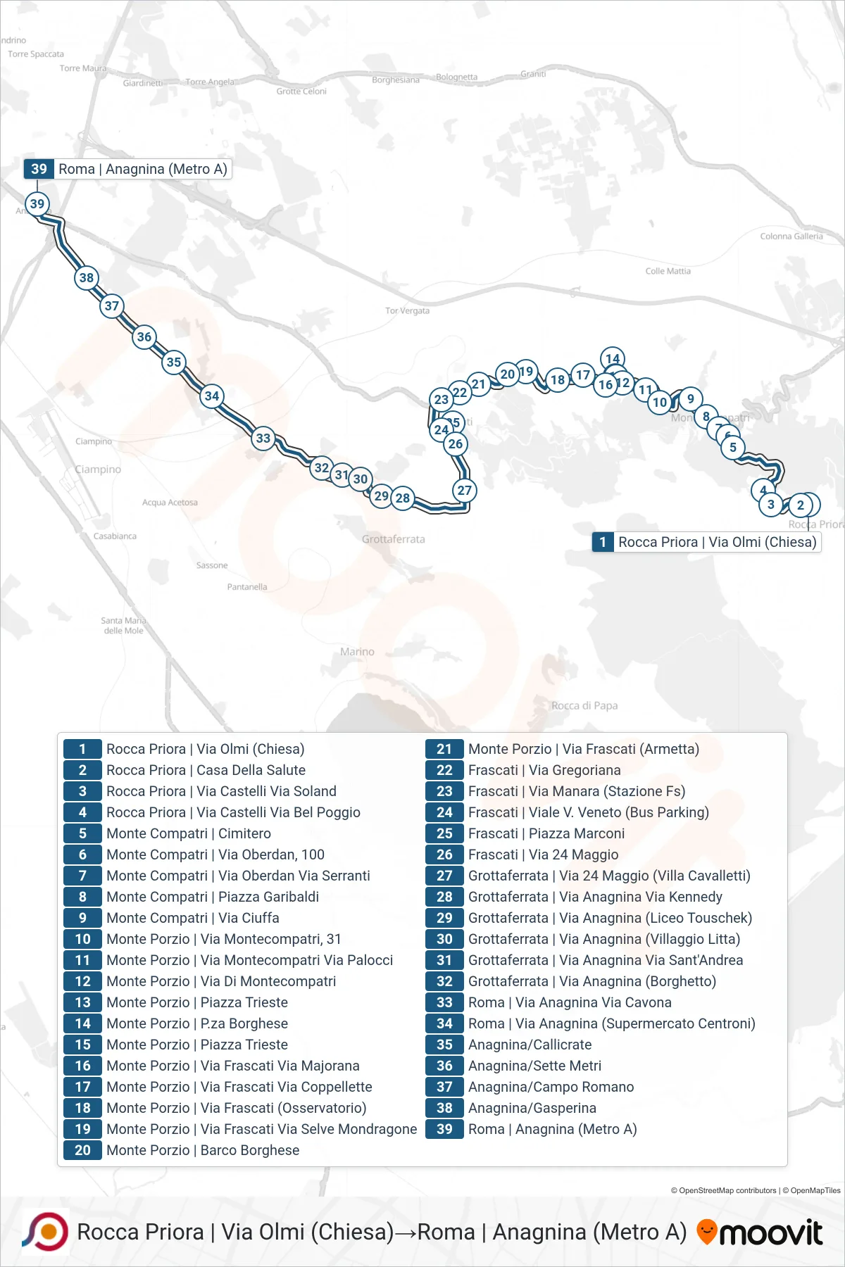 Linea COTRAL  bus (Rocca Priora | Via Olmi (Chiesa)‎→Roma | Anagnina (Metro A)) - Percorsi e fermate sulla mappa