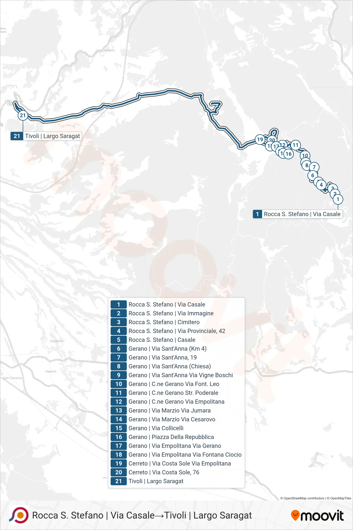 Linea COTRAL bus (Rocca S. Stefano | Via Casale→Tivoli | Largo Saragat) - Percorsi e fermate sulla mappa