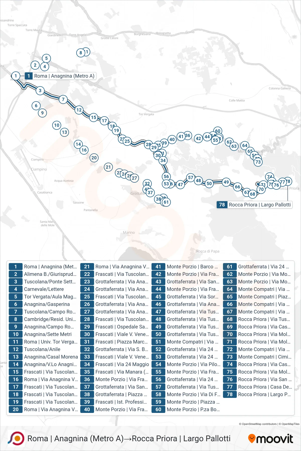 Linea COTRAL  bus (Roma | Anagnina (Metro A)‎→Rocca Priora | Largo Pallotti) - Percorsi e fermate sulla mappa