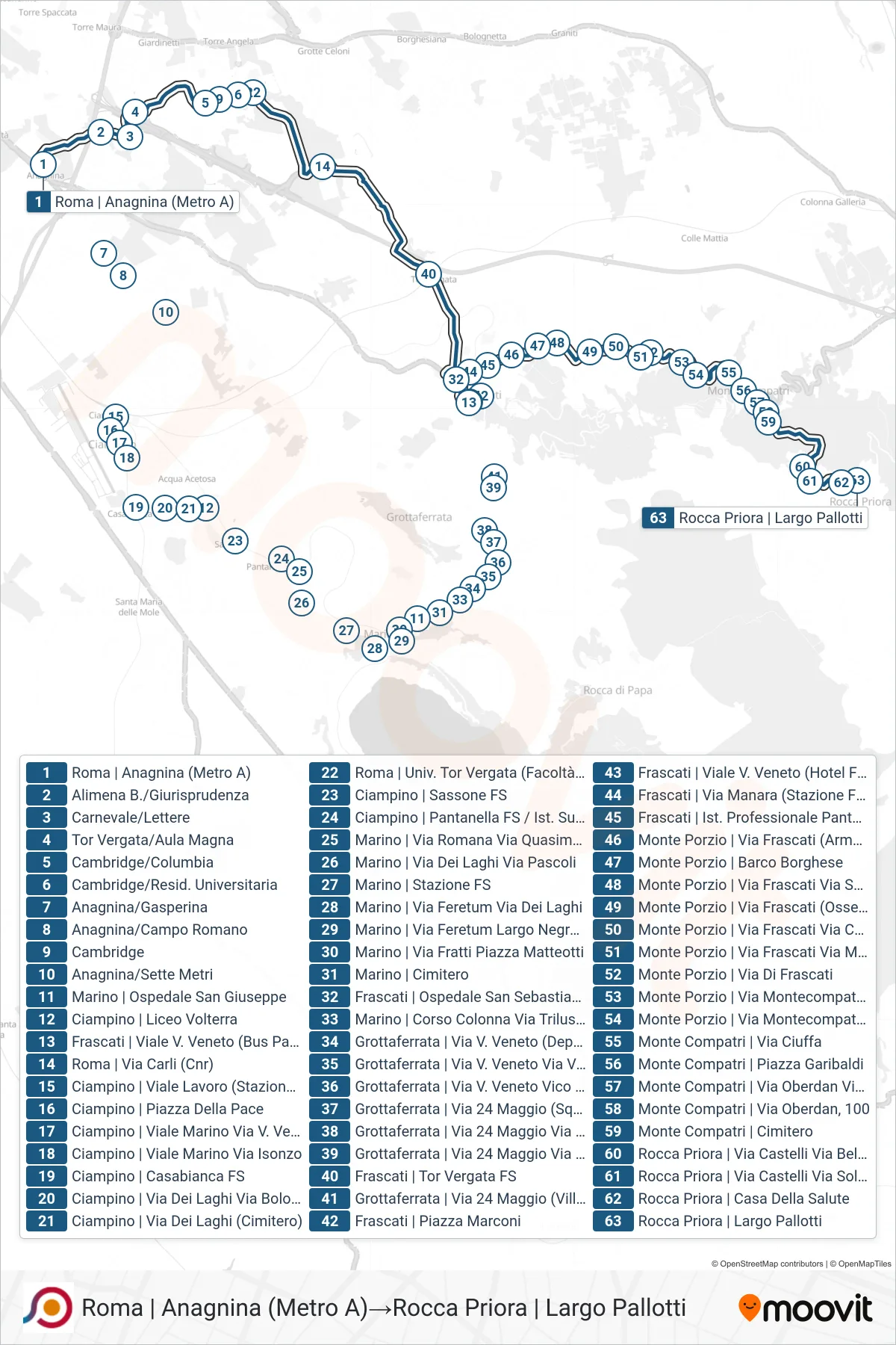 Linea COTRAL bus (Roma | Anagnina (Metro A)→Rocca Priora | Largo Pallotti) - Percorsi e fermate sulla mappa