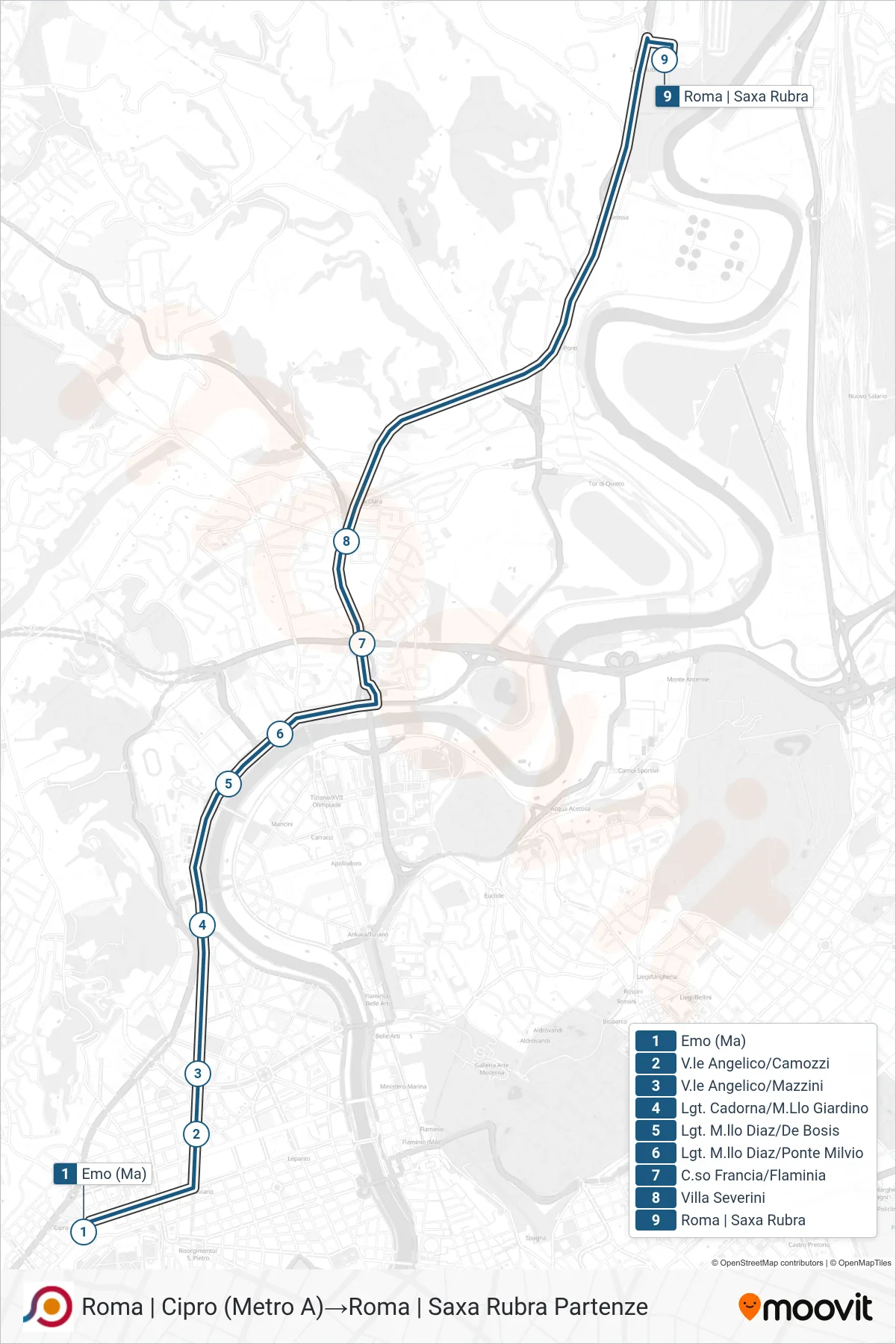 Linea COTRAL  bus (Roma | Cipro (Metro A)‎→Roma | Saxa Rubra Partenze) - Percorsi e fermate sulla mappa