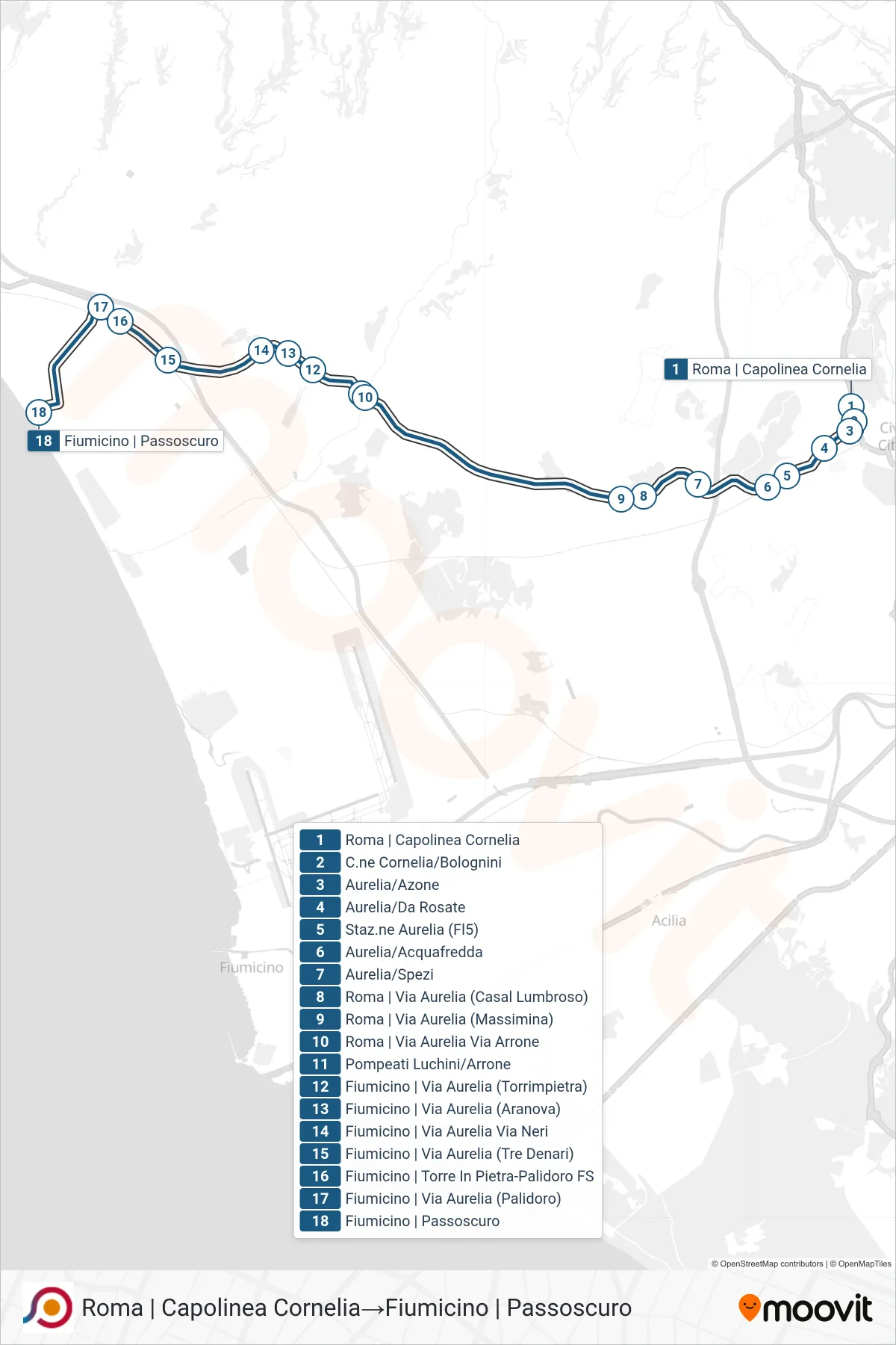 Linea COTRAL  bus (Roma | Capolinea Cornelia‎→Fiumicino | Passoscuro) - Percorsi e fermate sulla mappa