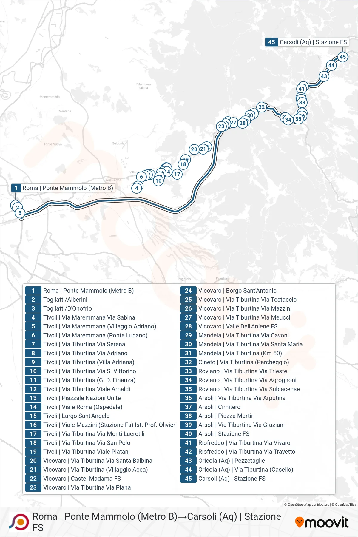 Linea COTRAL bus (Roma | Ponte Mammolo (Metro B)→Carsoli (Aq) | Stazione FS) - Percorsi e fermate sulla mappa