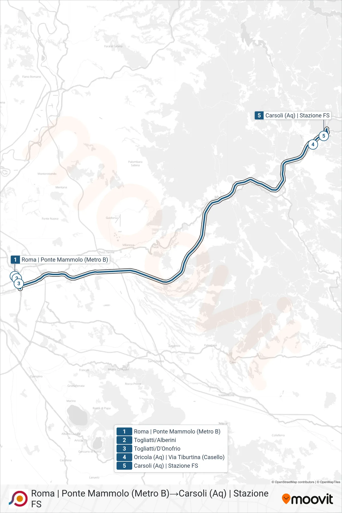Linea COTRAL bus (Roma | Ponte Mammolo (Metro B)→Carsoli (Aq) | Stazione FS) - Percorsi e fermate sulla mappa