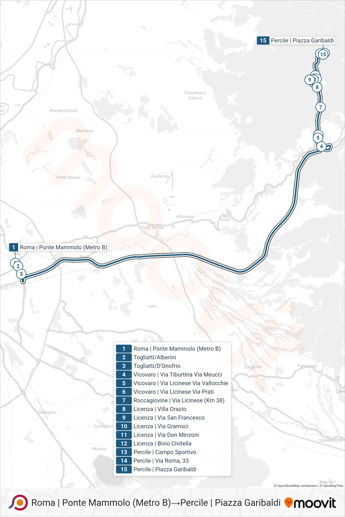 Linea COTRAL  bus (Roma | Ponte Mammolo (Metro B)‎→Percile | Piazza Garibaldi) - Percorsi e fermate sulla mappa