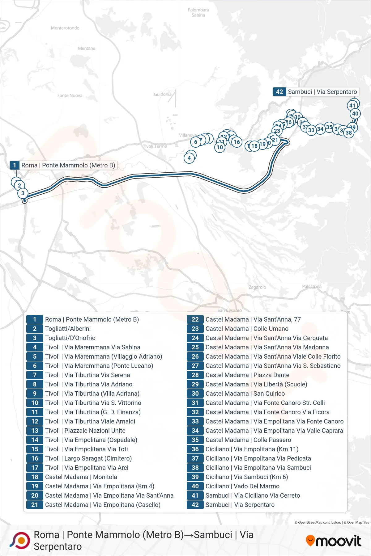 Linea COTRAL bus (Roma | Ponte Mammolo (Metro B)→Sambuci | Via Serpentaro) - Percorsi e fermate sulla mappa