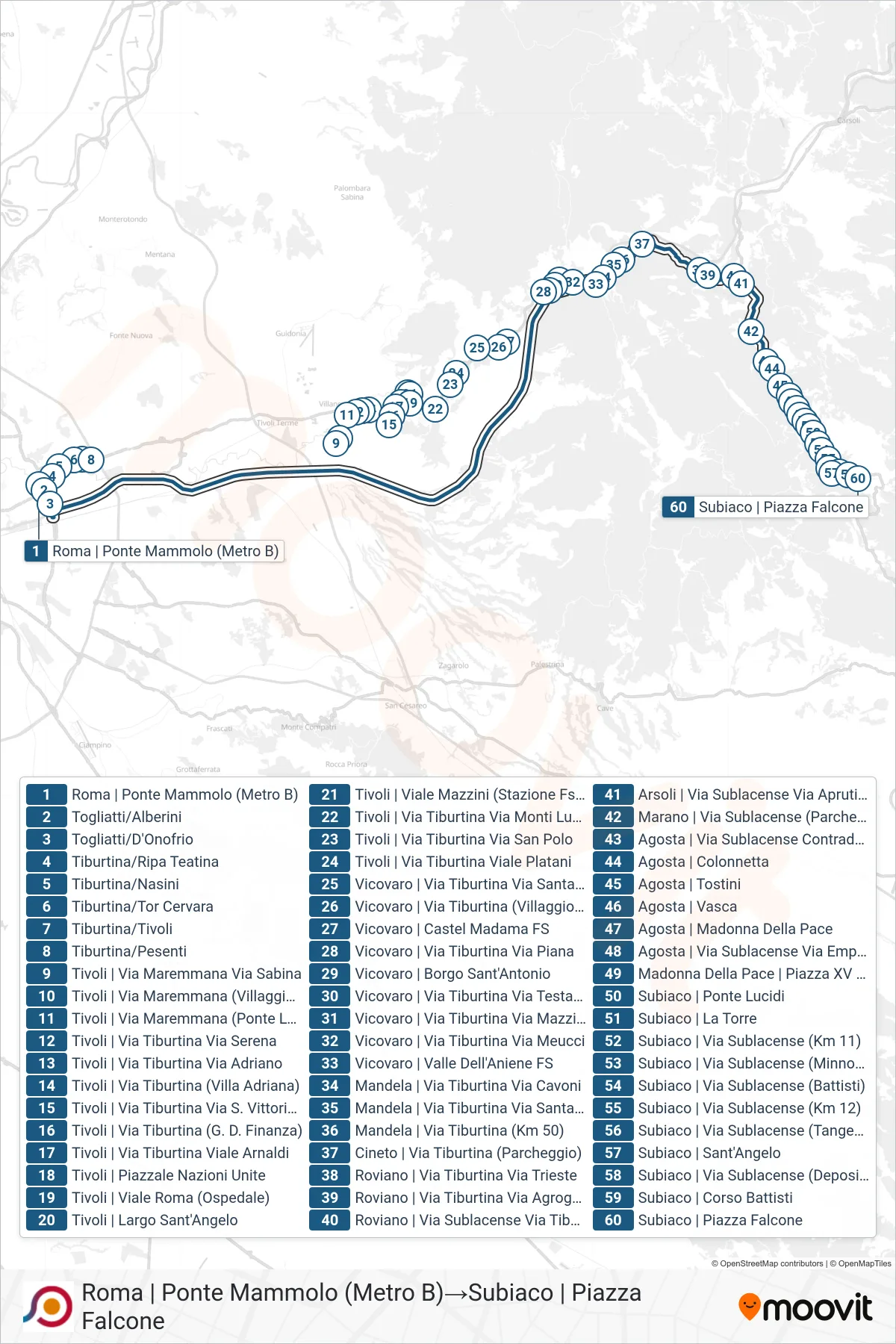 Linea COTRAL  bus (Roma | Ponte Mammolo (Metro B)‎→Subiaco | Piazza Falcone) - Percorsi e fermate sulla mappa